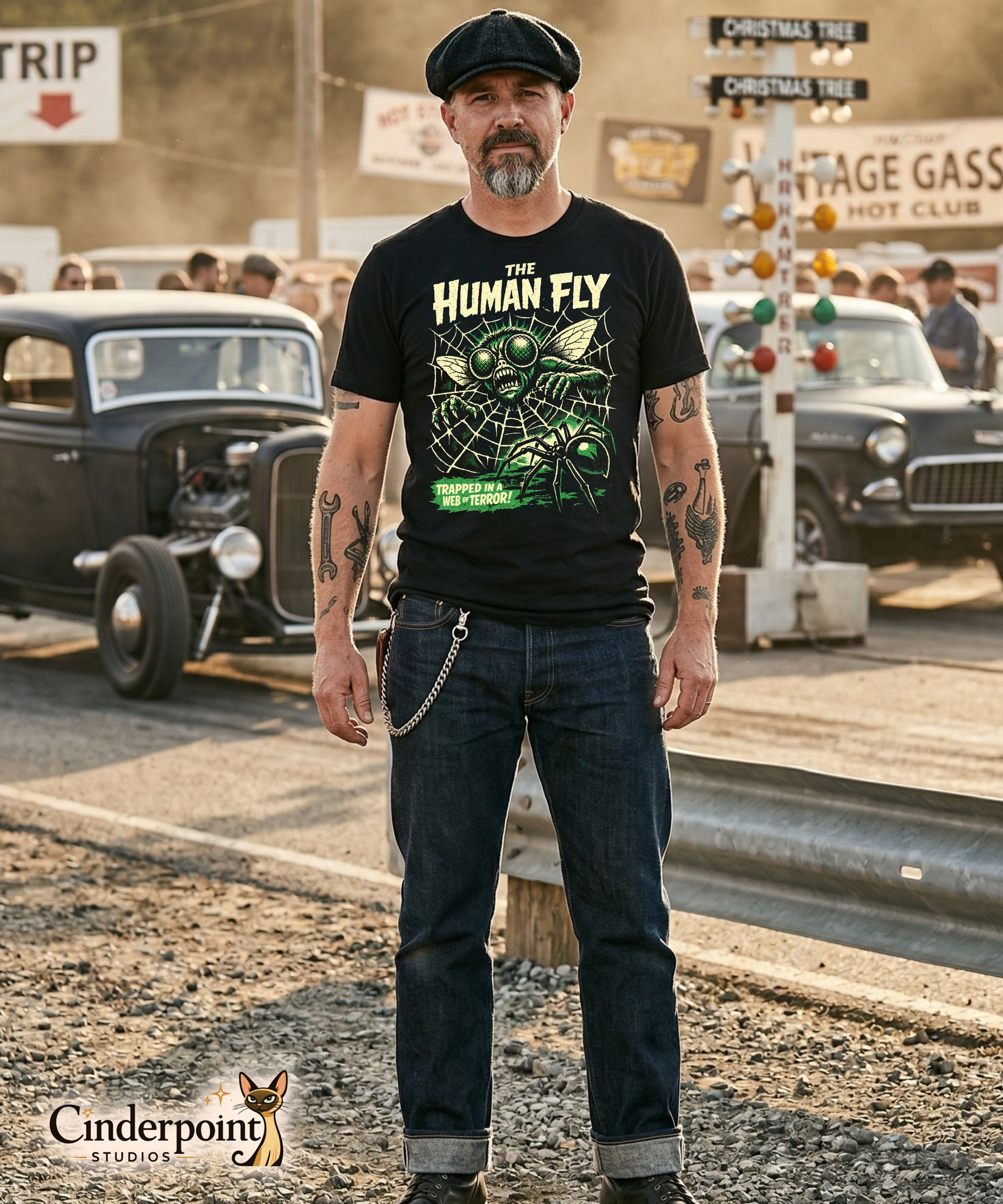 A bearded man in a newsboy cap wears 'The Human Fly' t-shirt at a vintage drag strip. The acid green art stands out against his tattoos and the blurred classic hot rods and 'Vintage Gassers' sign in the background.