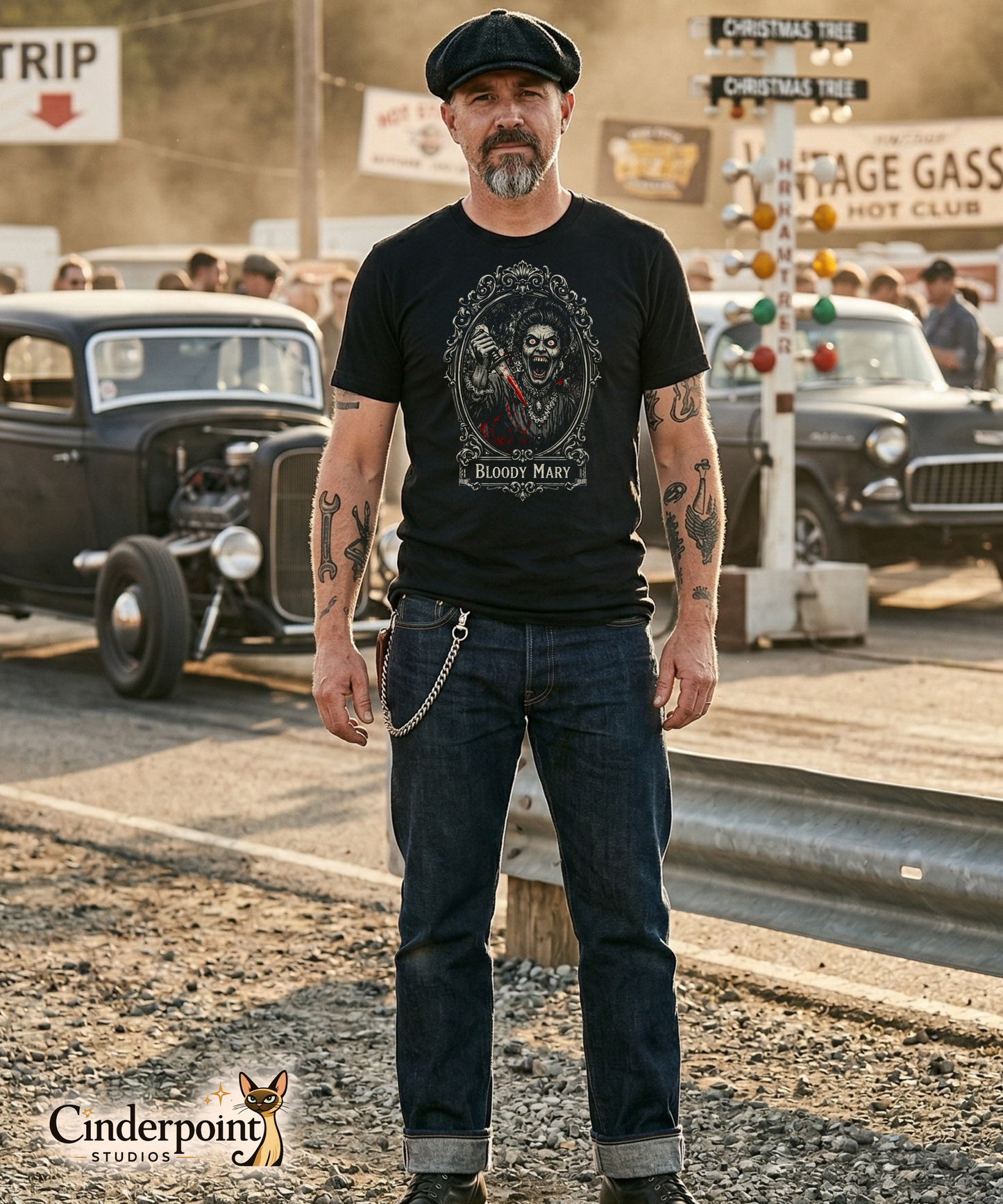 A man with a grey goatee and flat cap wearing the 'Bloody Mary' monster mirror t-shirt, standing at a vintage drag strip with classic rat rods in the background.
