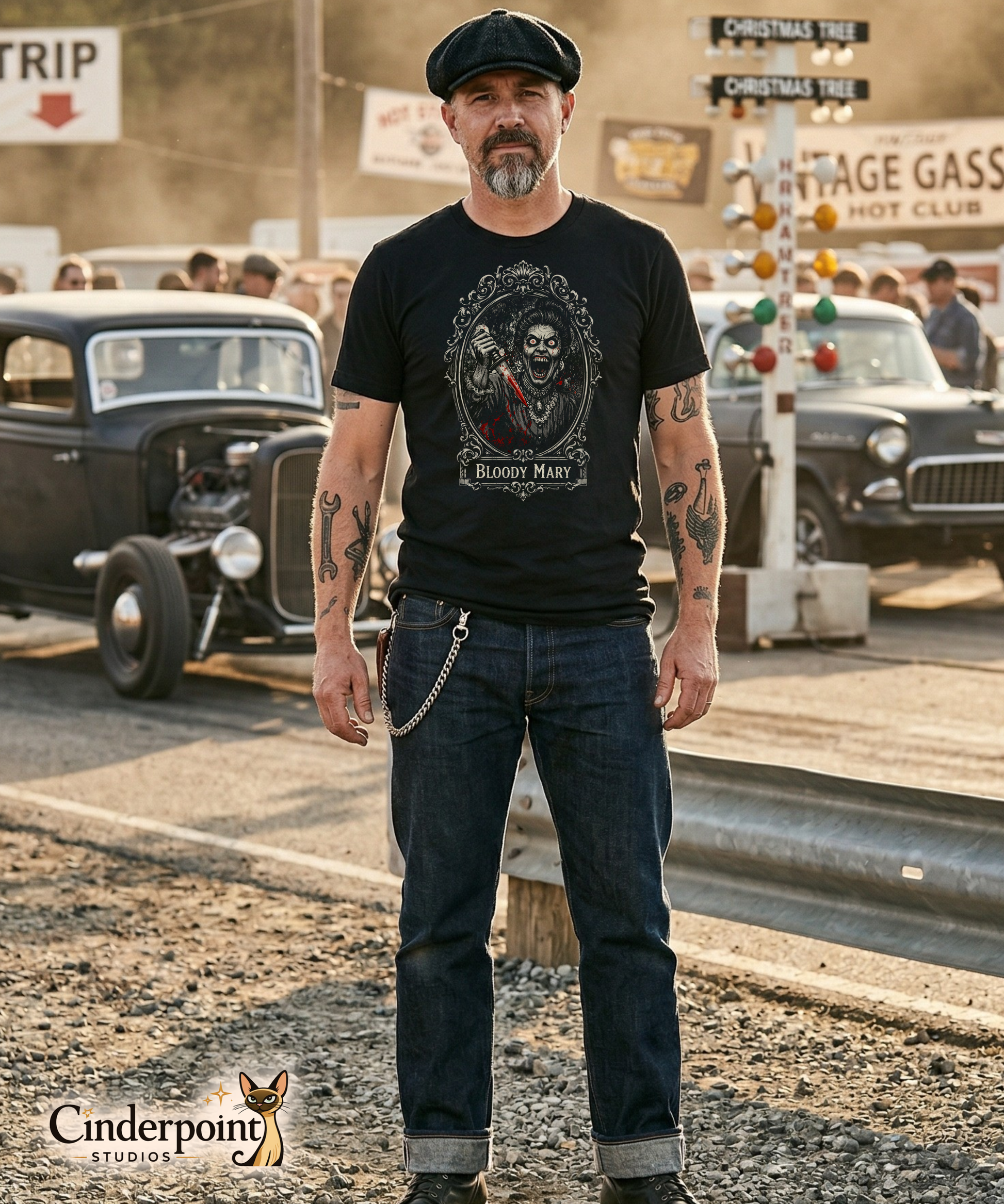 A man with a grey goatee and flat cap wearing the 'Bloody Mary' monster mirror t-shirt, standing at a vintage drag strip with classic rat rods in the background.