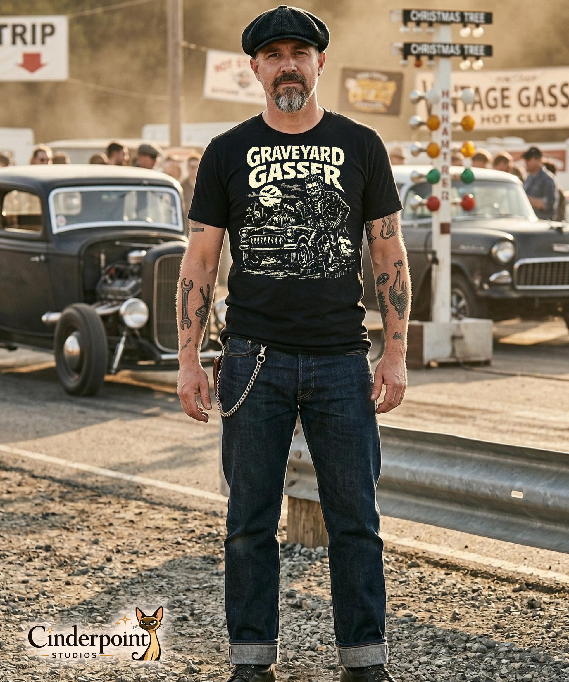 A man with a grey goatee and flat cap wearing the 'Graveyard Gasser' t-shirt, standing at a vintage drag strip with classic rat rods and a 'Vintage Gassers' banner in the background.