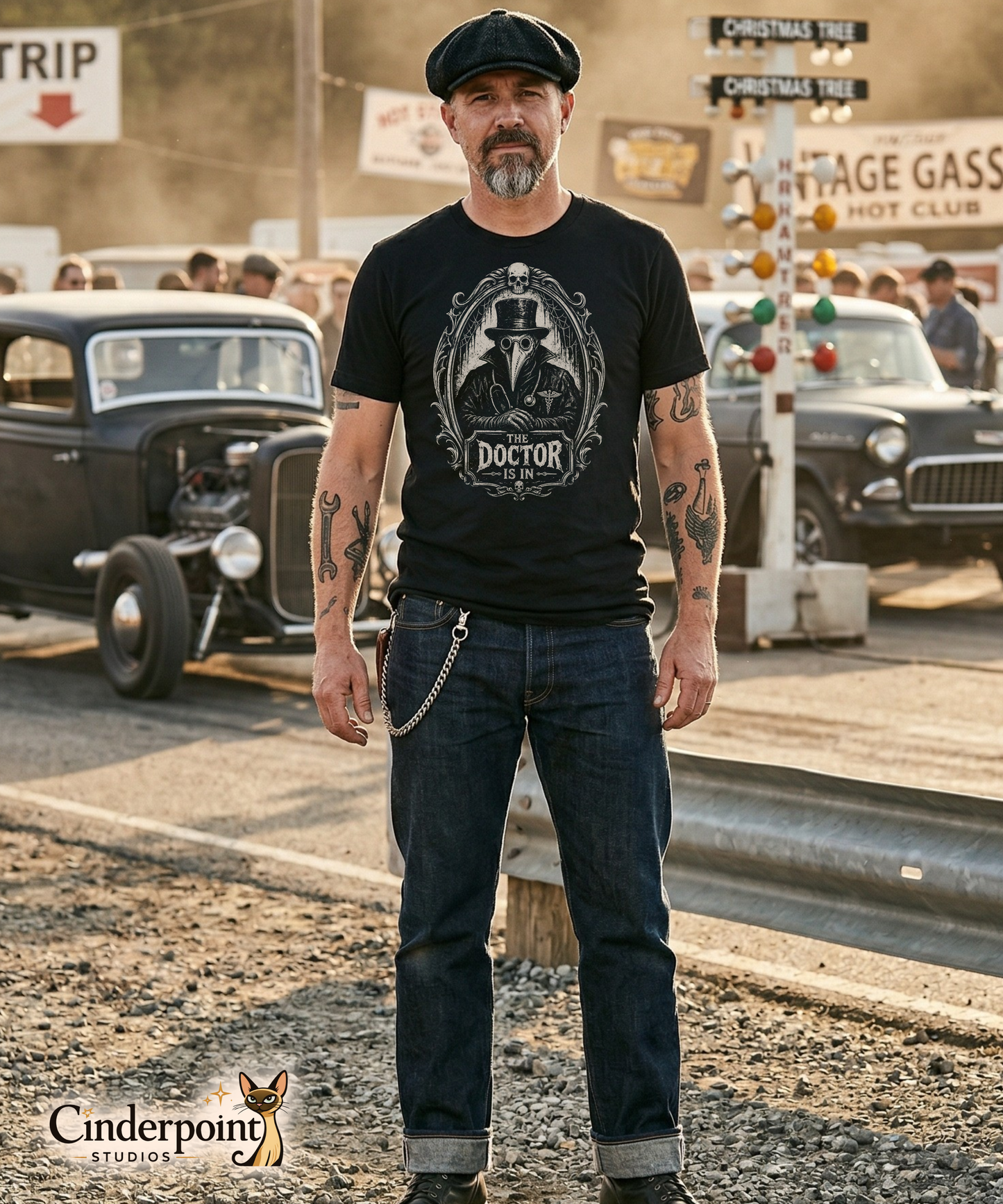A man with a grey goatee and flat cap wearing 'The Doctor Is In' plague doctor t-shirt, standing at a vintage drag strip with classic rat rods in the background.