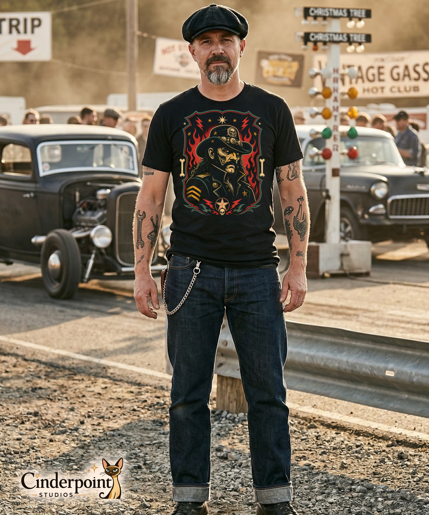 Graphic t-shirt design featuring a lowbrow undead version of Lemmy in a military-style hat with skulls and stars, framed by red flames and lightning bolts on a black background.