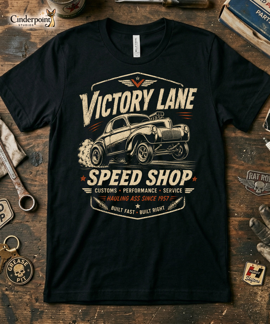Black graphic tee featuring original Cinderpoint Studios artwork for Victory Lane Speed Shop, a retro hot rod design with a gasser-style car launching hard, bold vintage lettering, spark plug accents, orange speed details, and Built Fast Built Right text.