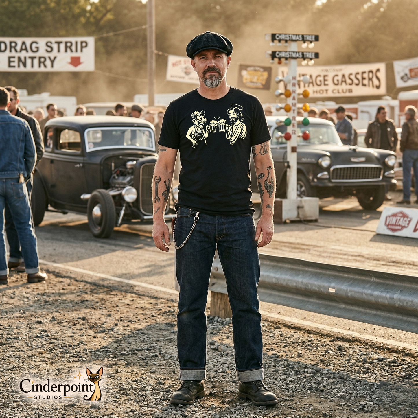 A medium shot of a man with a flat cap and tattoos wearing the "Drinking With Jesus" black t-shirt at a vintage drag strip entry.