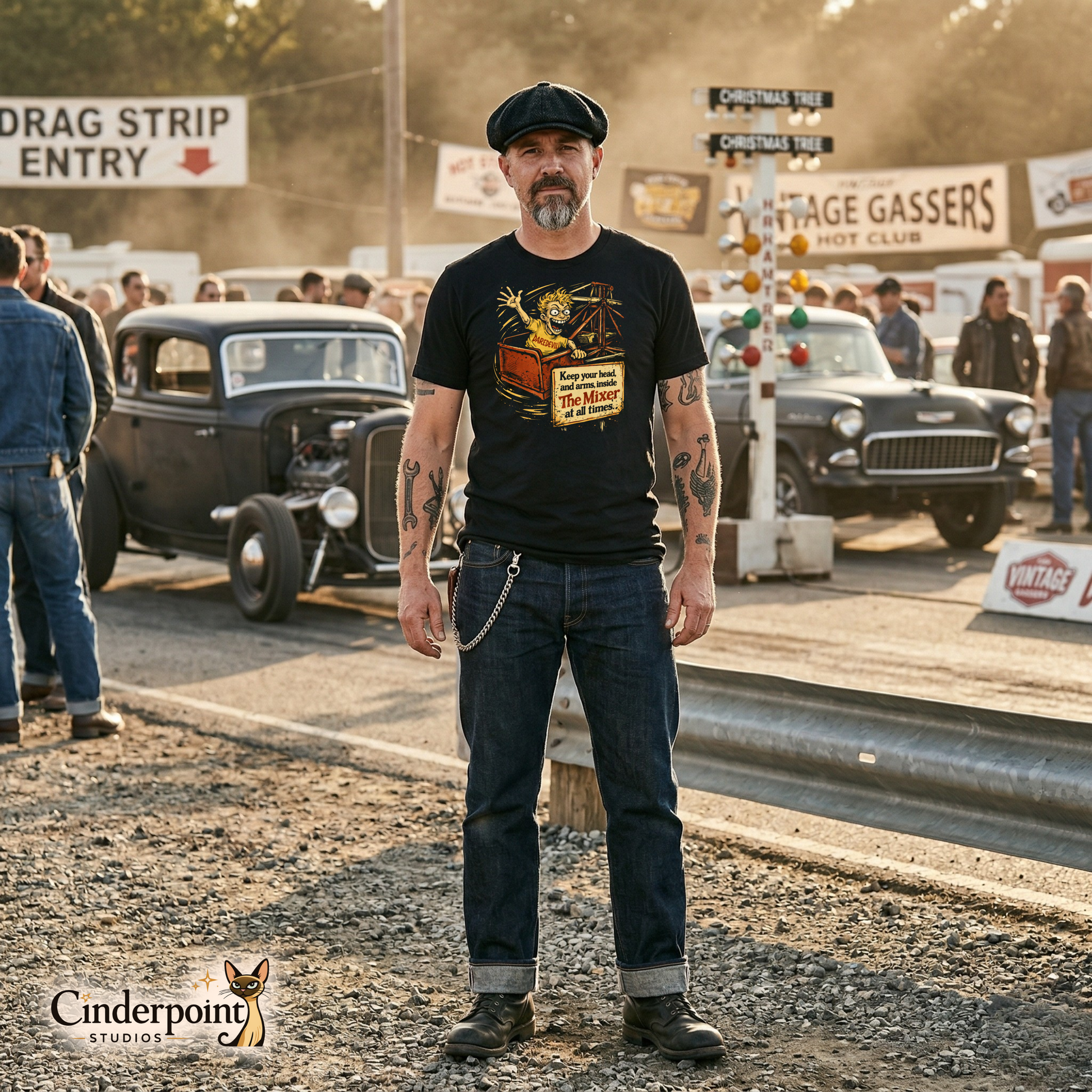 Man standing on a drag strip with vintage cars and signs in the background, he's wearing A black t-shirt featuring a distressed graphic of a manic-looking boy in a "DAREDEVIL" shirt on a carnival ride called "The Mixer," with a sign saying "Keep your head and arms inside."