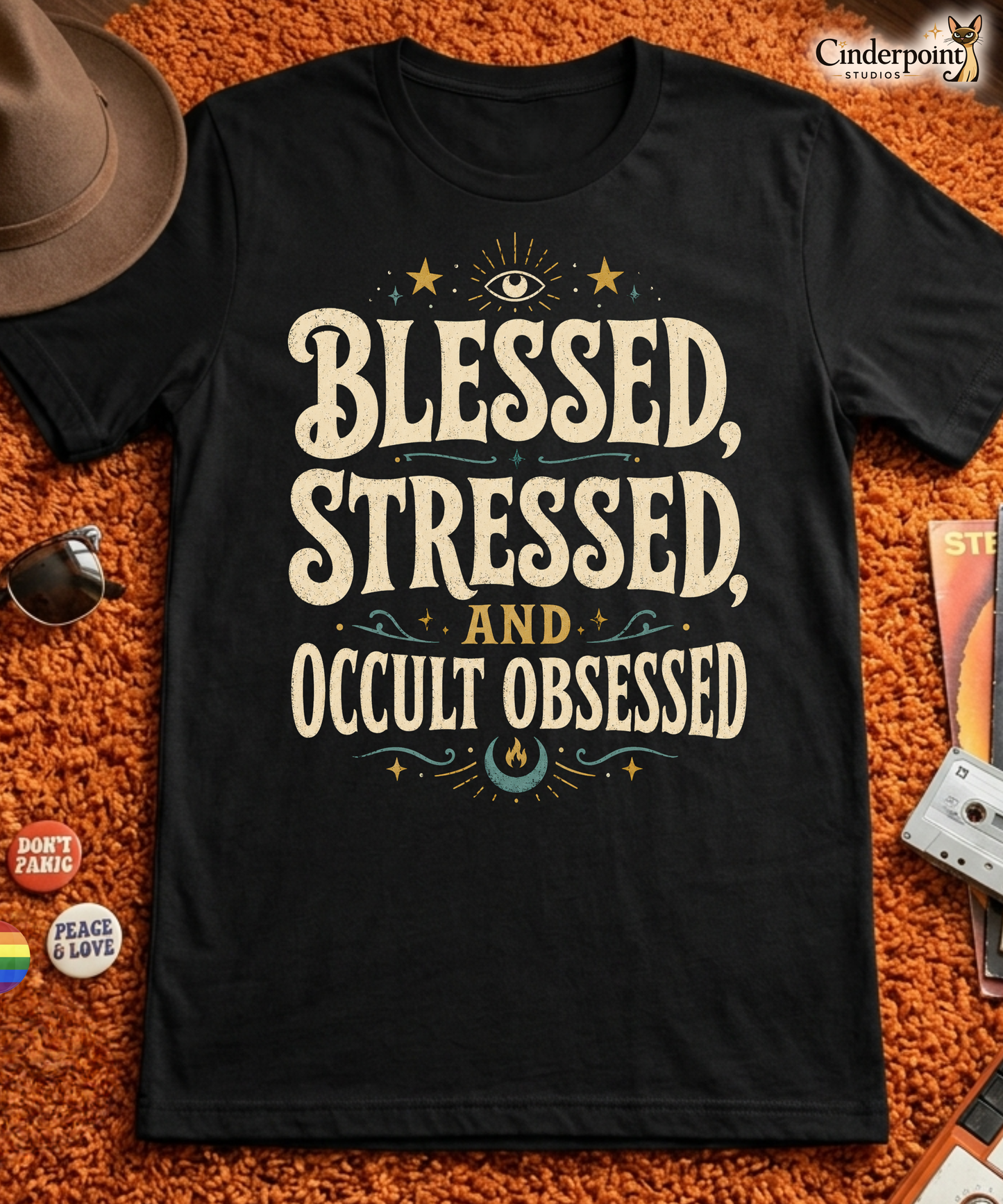 Blessed Stressed and Occult Obsessed t-shirt on black Bella Canvas tee with cream vintage typography and occult accents