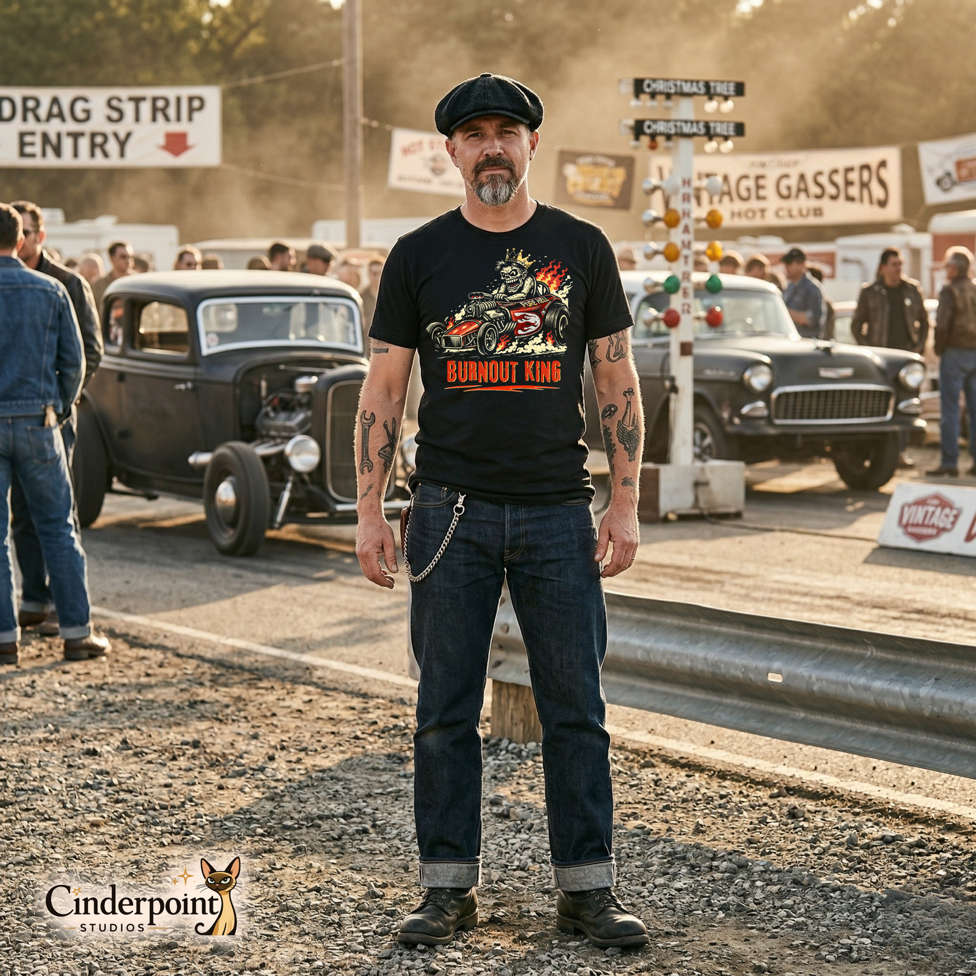 A man in a flat cap and denim wearing the black "Burnout King" drag racing t-shirt at a vintage drag strip entry.