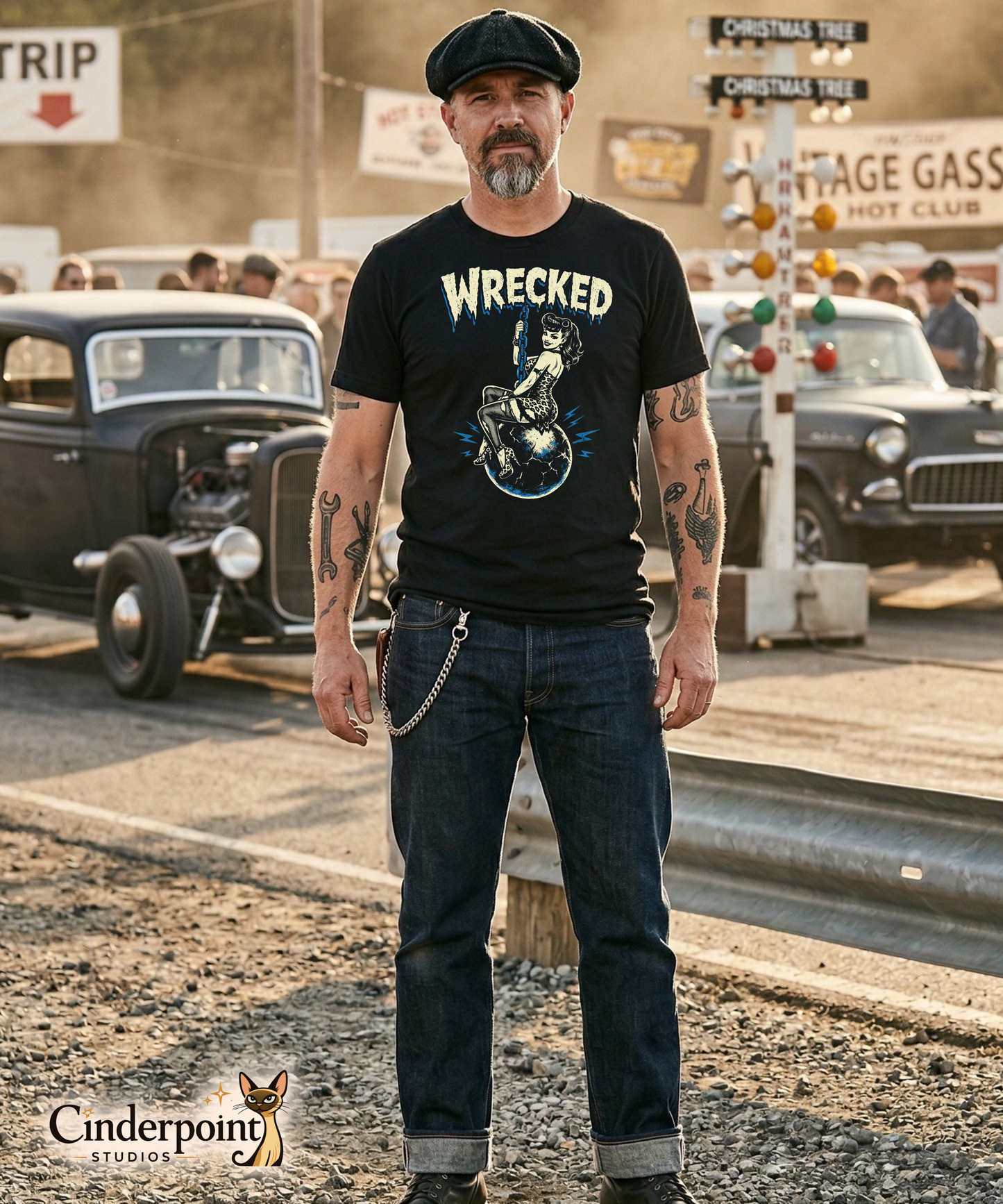 Man wearing a black t-shirt with 'WRECKED' graphic and text, standing in front of vintage cars.