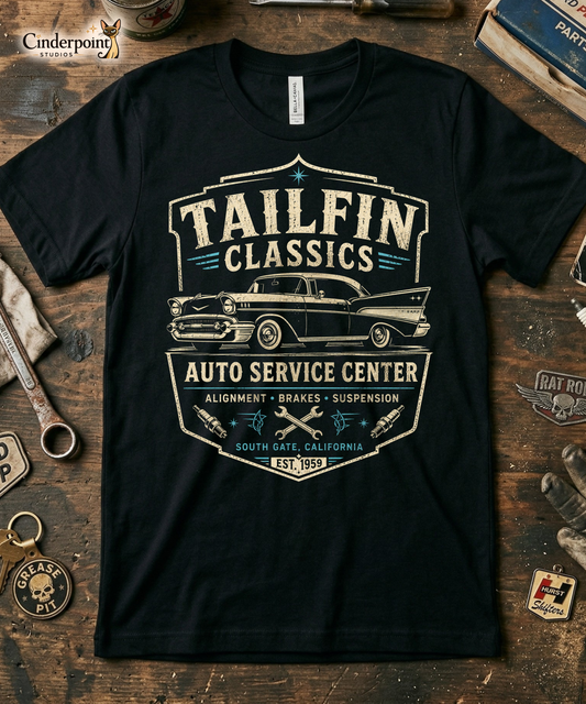 Black graphic tee featuring original Cinderpoint Studios artwork for Tailfin Classics, a retro auto service center design with a 1950s-style classic car, bold tailfins, vintage lettering, teal accents, crossed wrenches, spark plugs, and Alignment Brakes Suspension text.