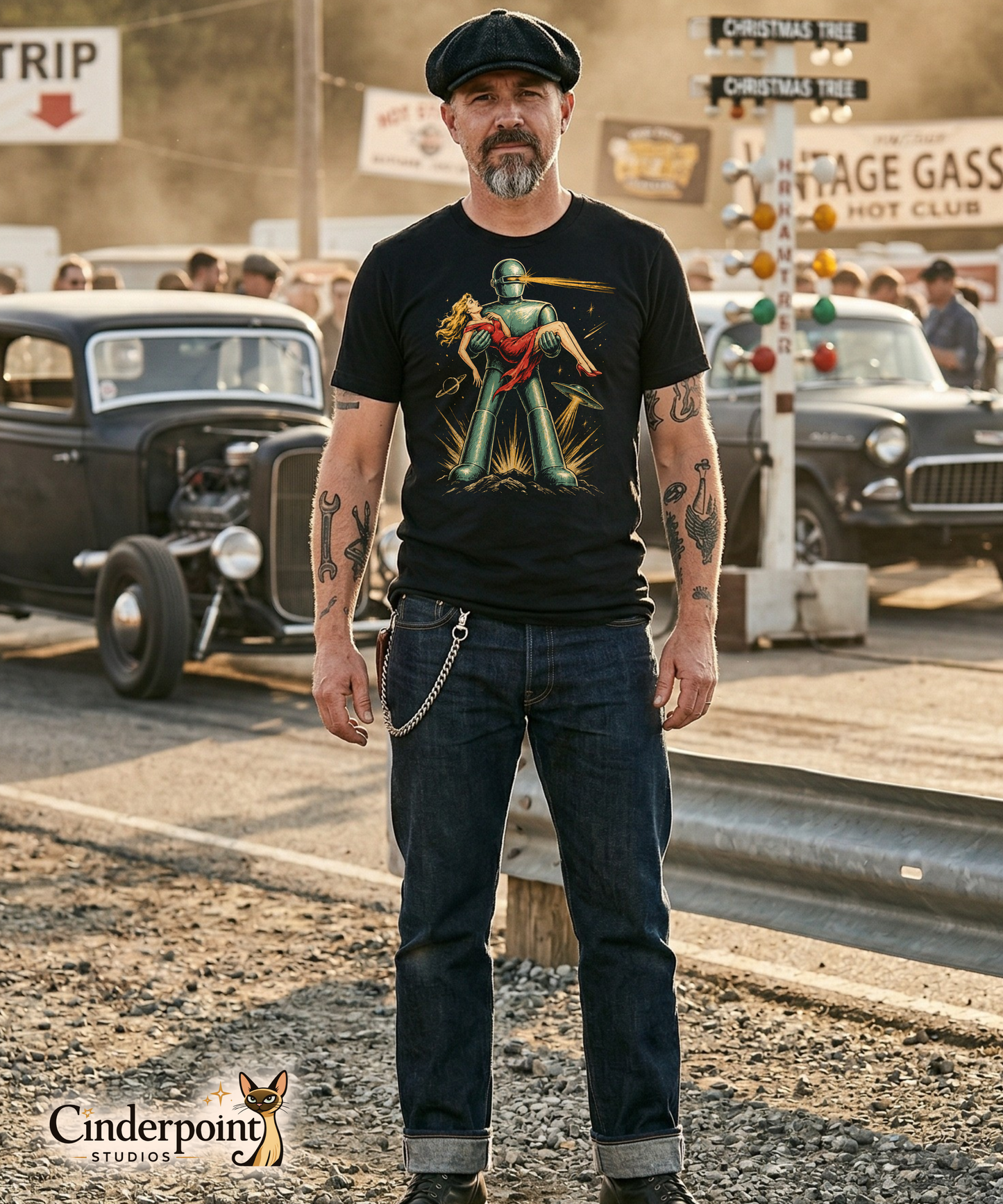 A man at the drag strip is wearing a retro, high-contrast graphic on a black t-shirt featuring the robot Gort from the 1951 film The Day The Earth Stood Still, with a sleek metallic aesthetic