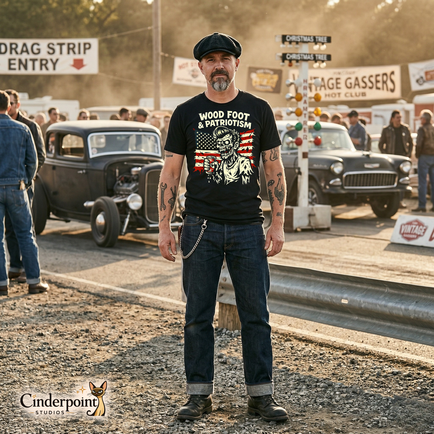 A man in a flat cap wearing the black "Wood Foot & Patriotism" t-shirt, standing at a vintage drag strip entry with hot rods and racing signs in the background.