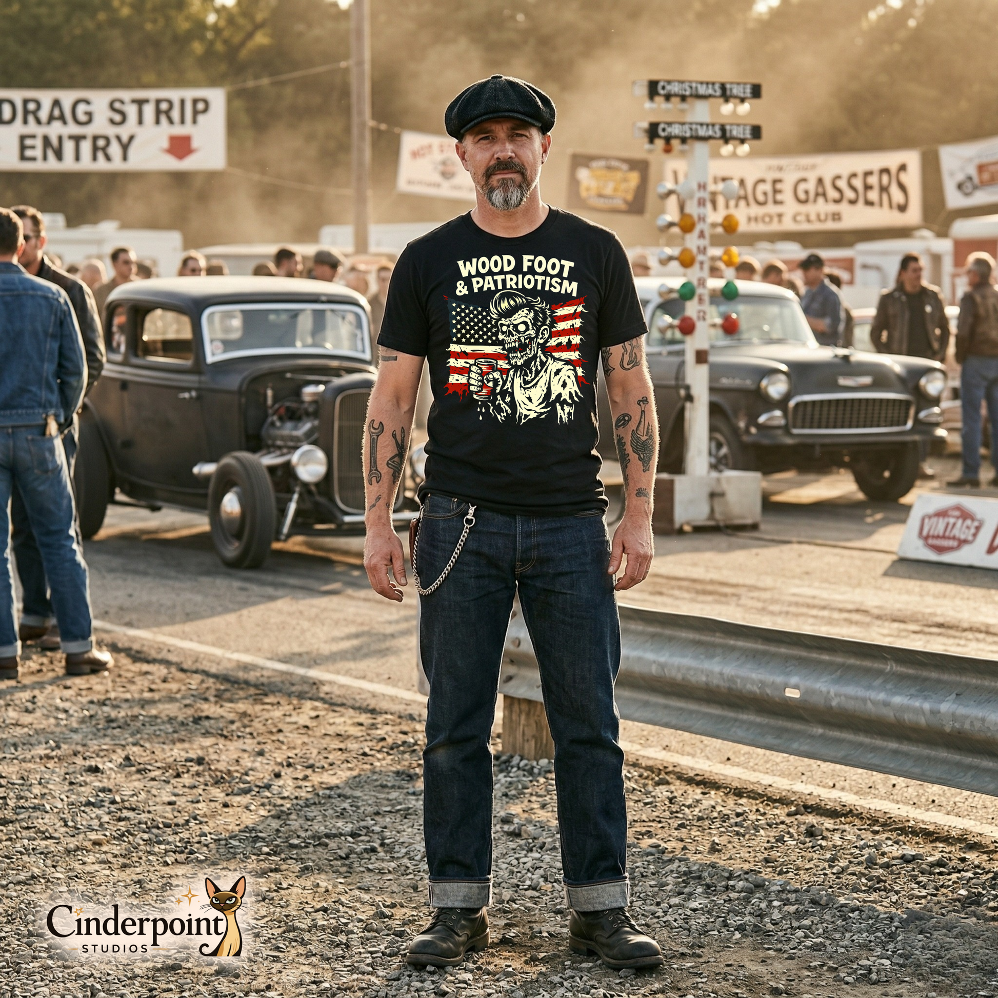 A man in a flat cap wearing the black "Wood Foot & Patriotism" t-shirt, standing at a vintage drag strip entry with hot rods and racing signs in the background.