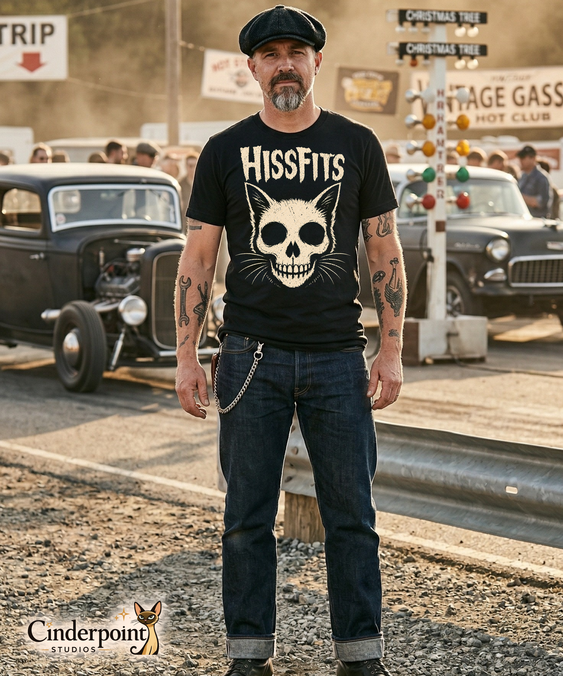 A retro horror-style graphic on a black t-shirt featuring a stylized cat skull with whiskers and pointed ears, with "HISSFITS" in iconic distressed punk-rock lettering.