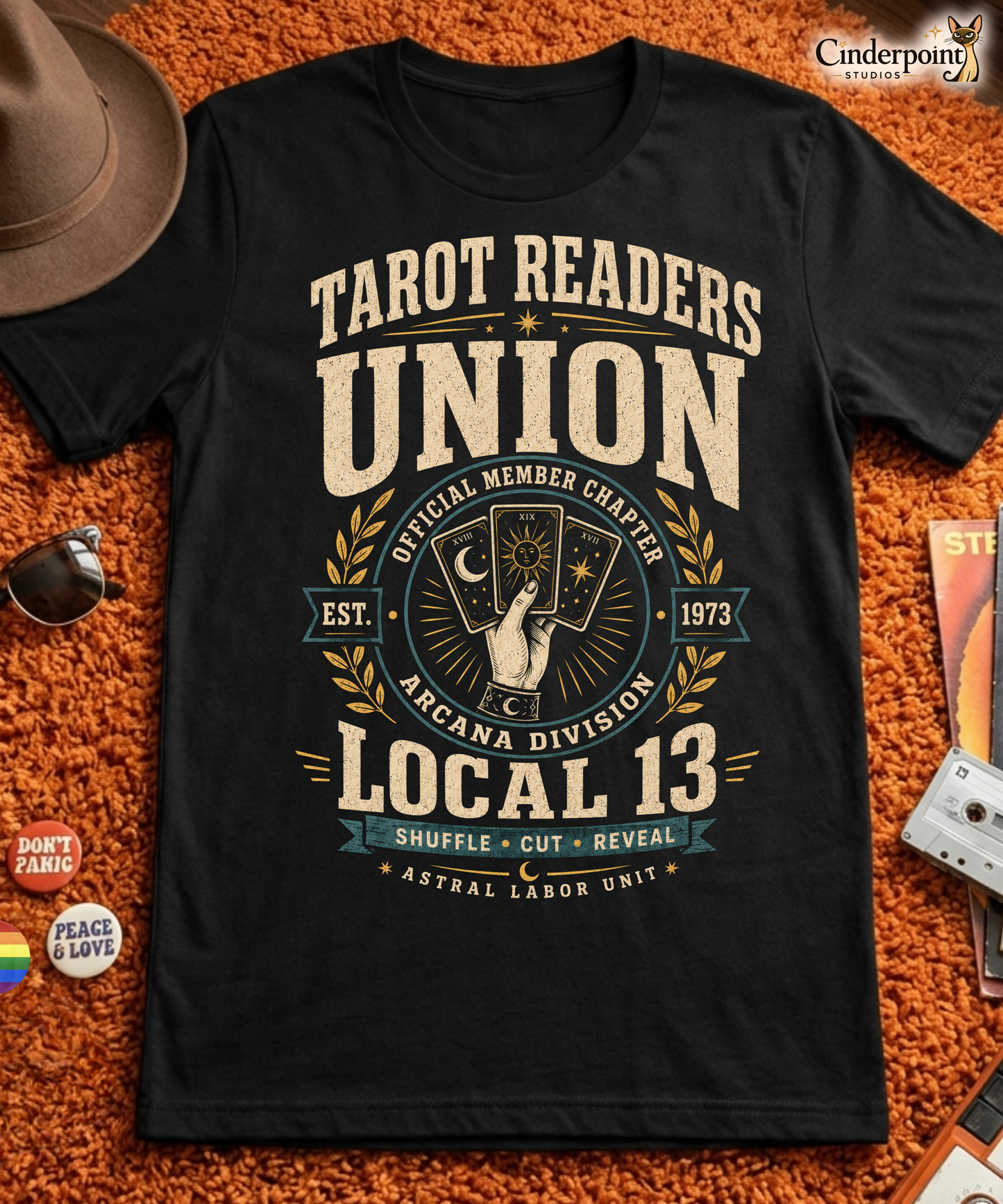 A Tarot Readers Union Local 13 t-shirt for tarot readers, divination fans, and witchy weirdos. Black Bella+Canvas graphic tee with retro union styling, XS-5XL.