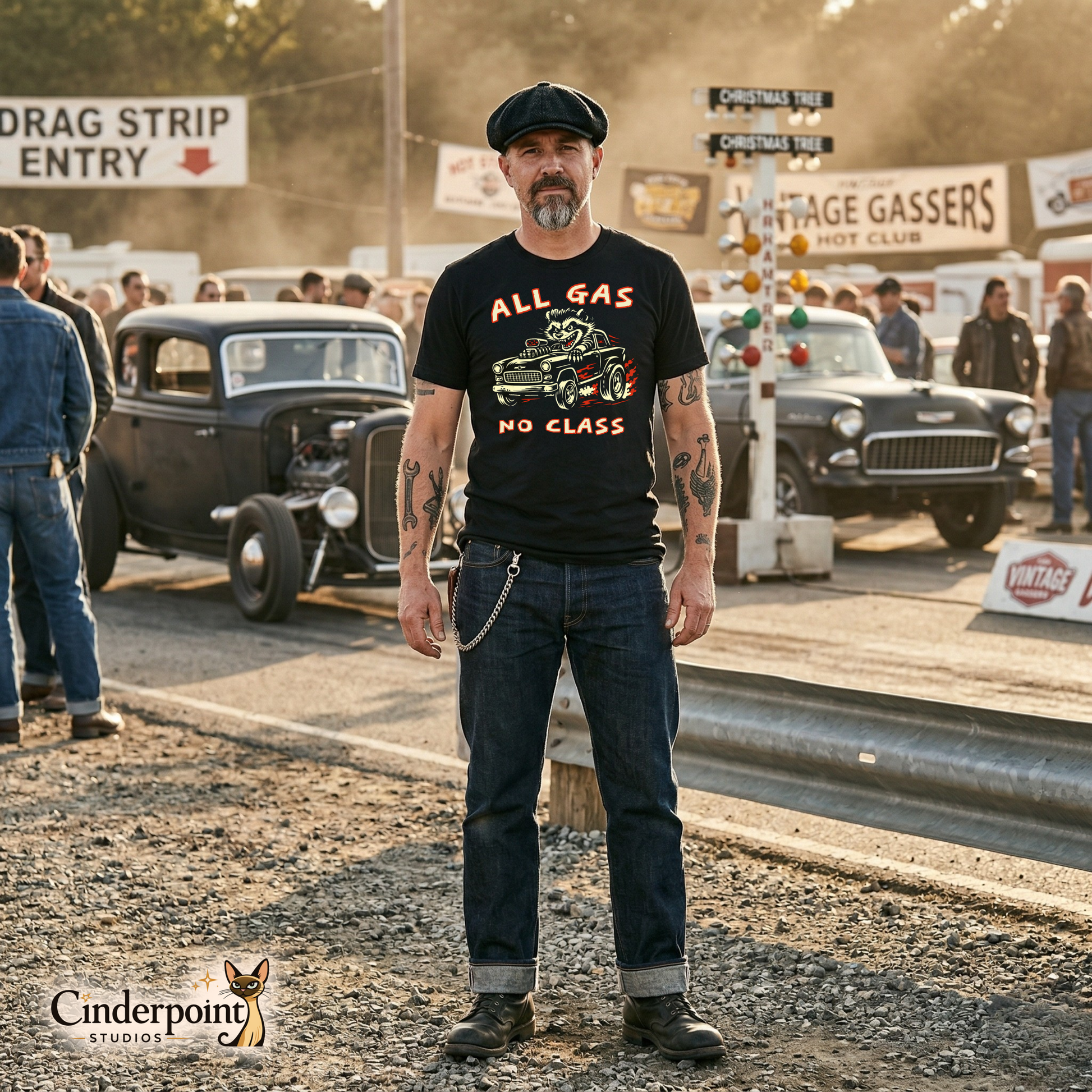 A medium shot of a man with tattoos and a flat cap wearing the black "All Gas, No Class" raccoon t-shirt. He is standing at a sun-drenched vintage drag strip entry with a 1930s-style rat rod and a 1955 Chevy gasser blurred in the background.
