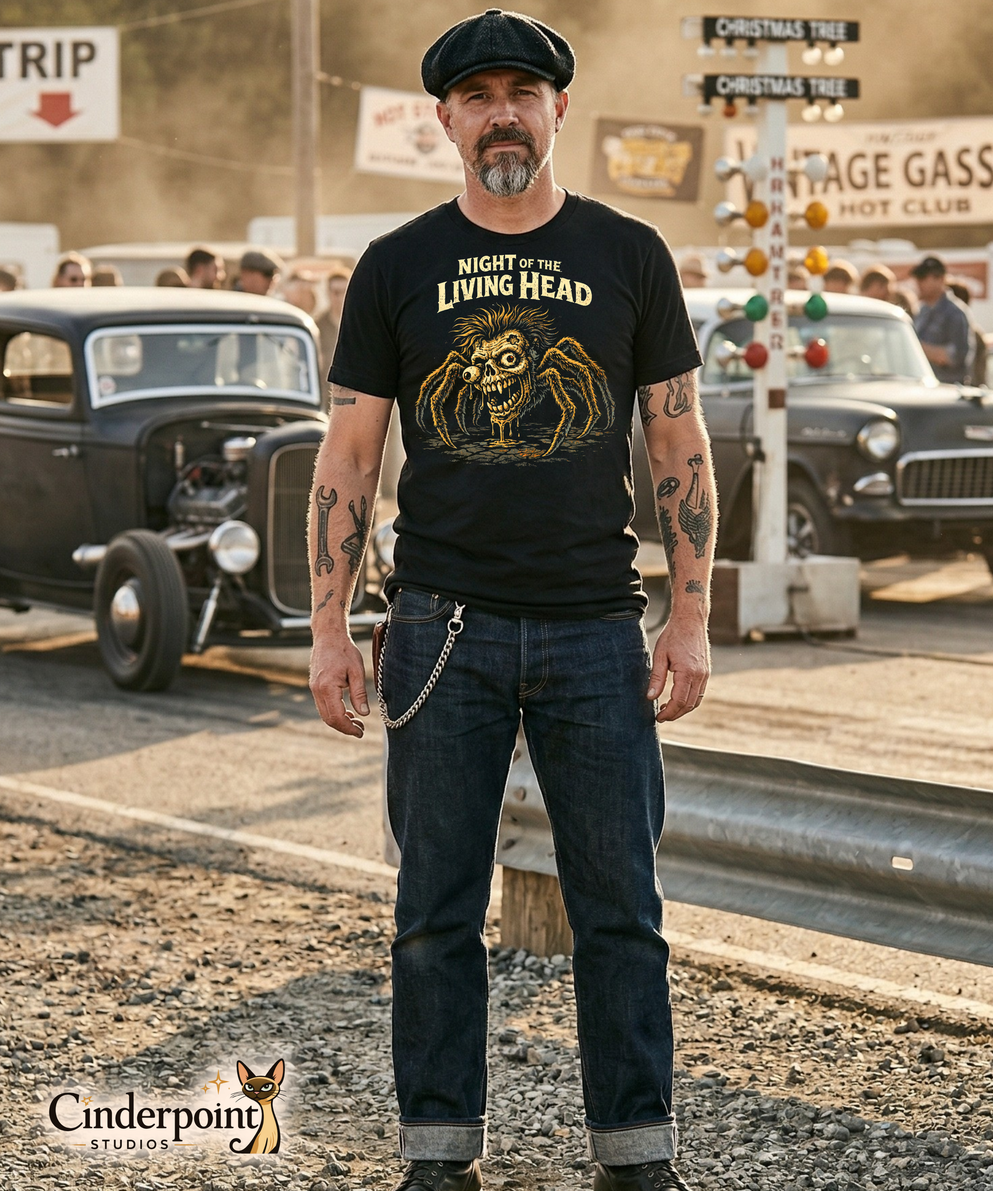 A man with a grey goatee and flat cap wearing the black 'Night of the Living Head' creature feature t-shirt, standing at a vintage drag strip with a classic black rat rod in the background.