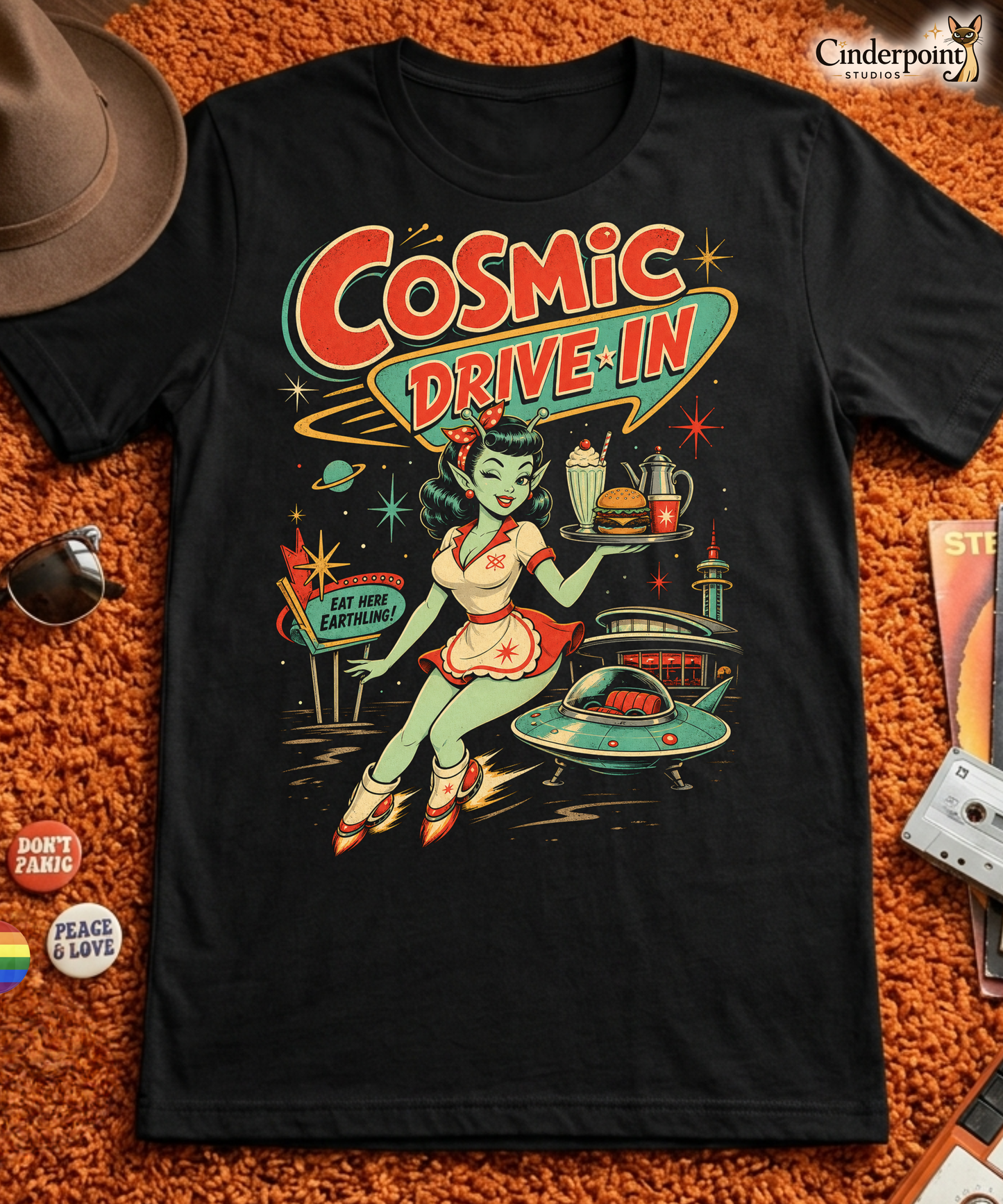 Cosmic Drive-In T-Shirt - Rockabilly Alien Waitress Pinup Retro Diner Tee