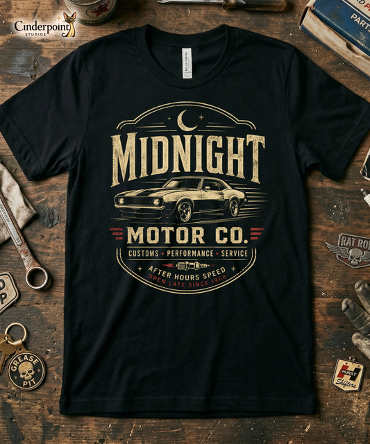 A workbench with a black graphic tee featuring original Cinderpoint Studios artwork for Midnight Motor Co., a retro hot rod garage design with a classic muscle car, crescent moon, spark plug detail, vintage lettering, red accent stripes, and After Hours Speed text.