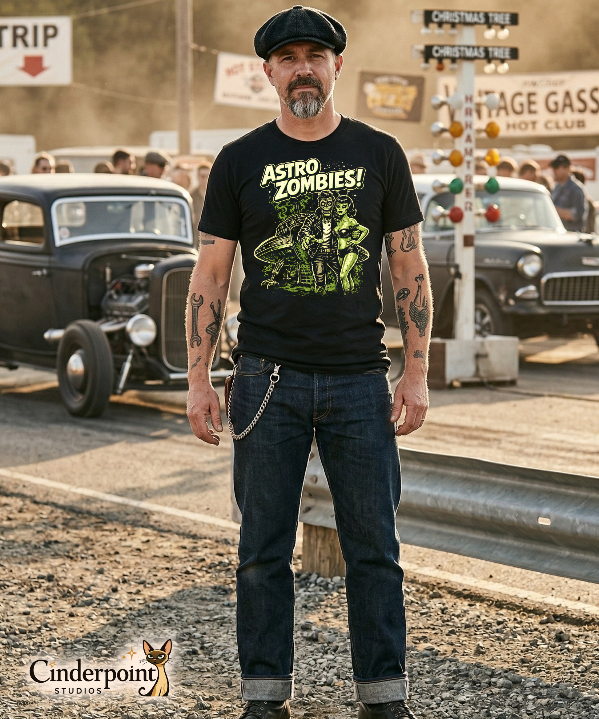 A bearded man in a newsboy cap wears the 'Astro Zombies!' t-shirt at a vintage drag strip. The vibrant green art pops against the tattoos on his arms and the blurred vintage cars in the background.