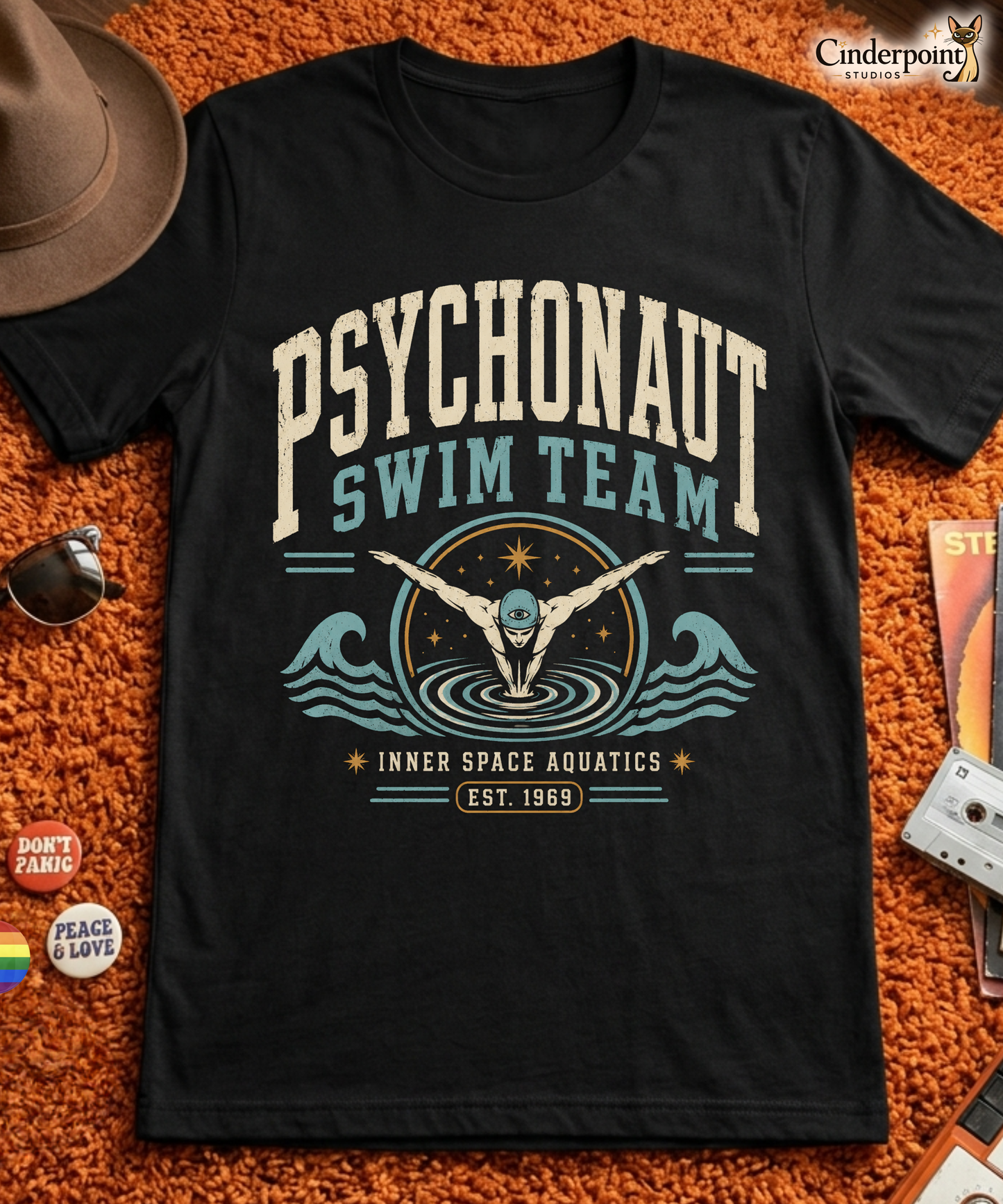 Psychonaut Swim Team t-shirt on black Bella Canvas tee with retro swimmer graphic, waves, and inner space aquatics text