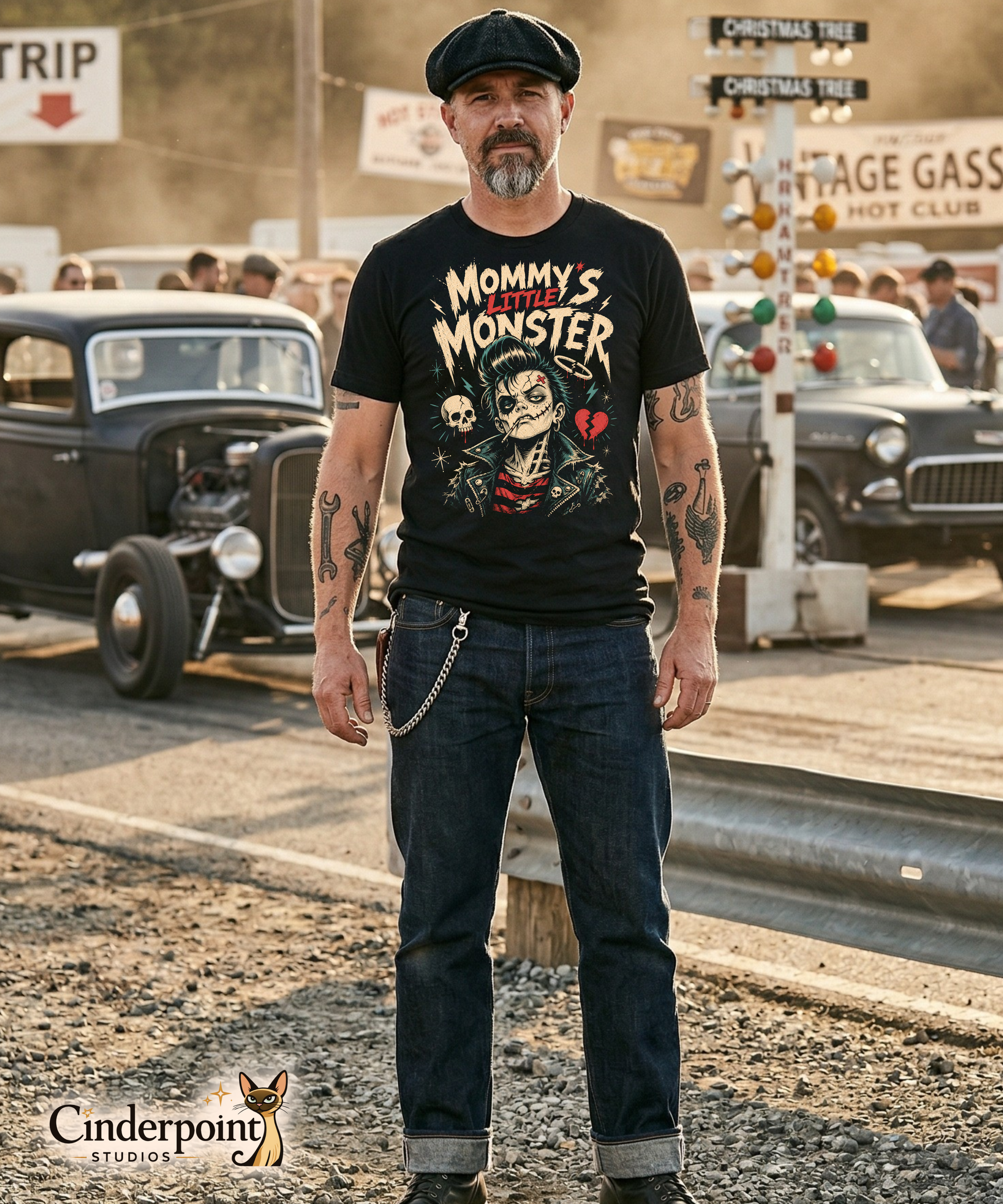 A retro lowbrow-style graphic on a black t-shirt featuring a green-skinned monster child with a black pompadour, stitched facial details, and leather jacket.