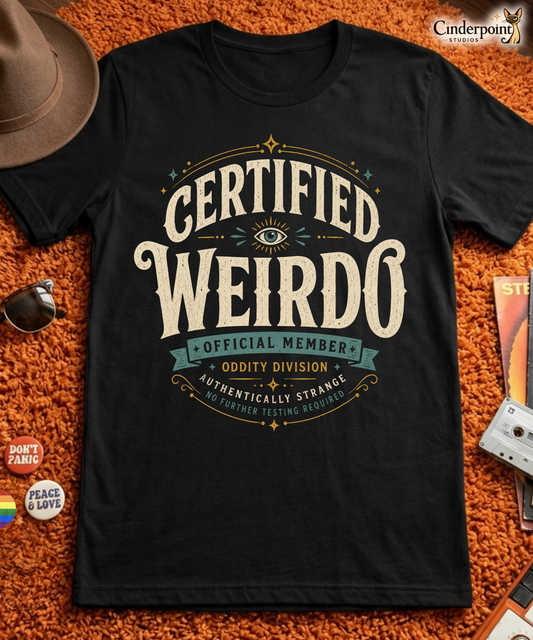 Black graphic tee featuring original Cinderpoint Studios artwork for Certified Weirdo, a retro oddity badge design with bold vintage lettering, an all-seeing eye, stars, flourishes, and text including Official Member, Oddity Division, Authentically Strange, and No Further Testing Required.

