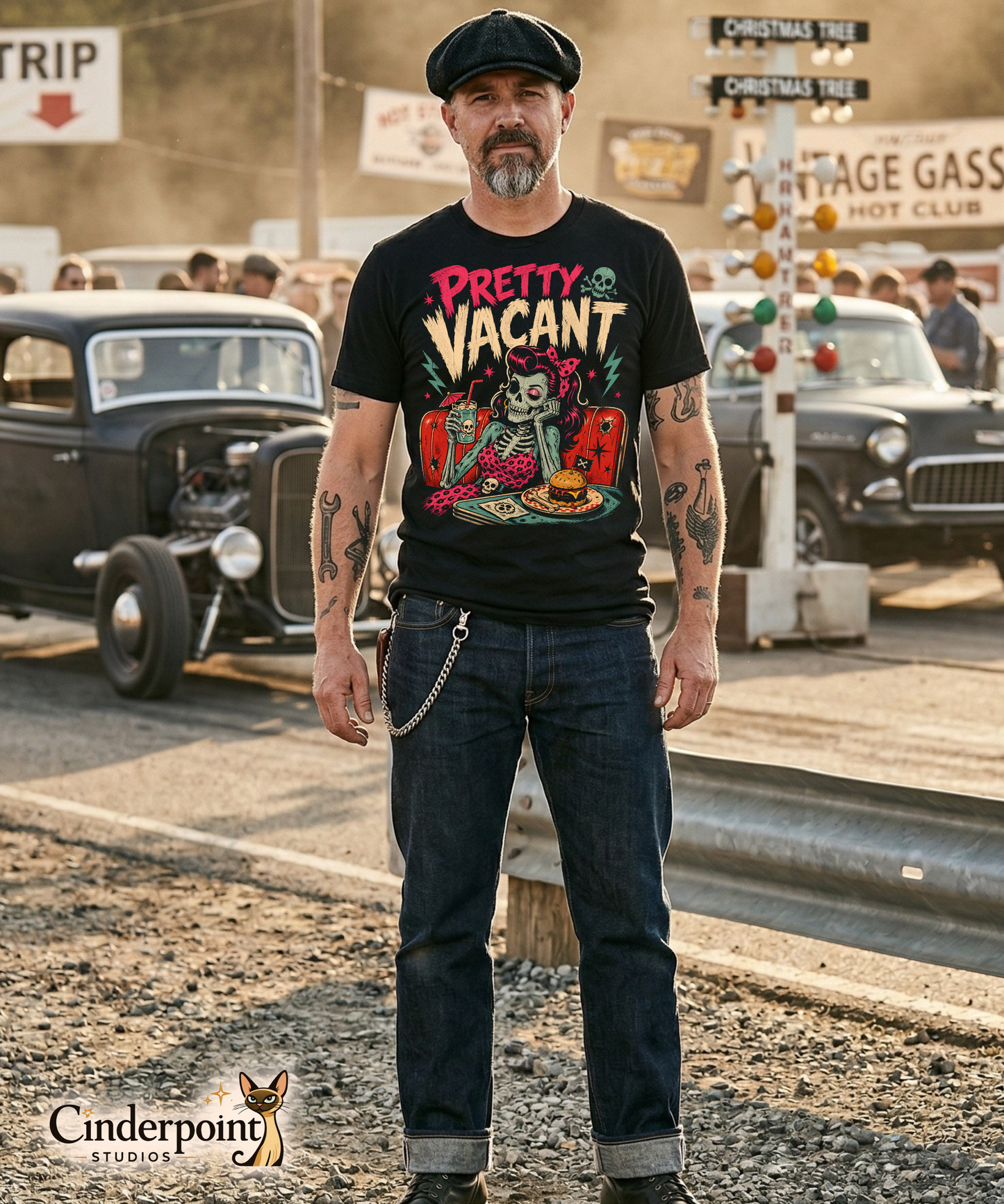 A retro-style graphic on a black t-shirt of a female skeleton pinup with pink hair in a diner booth, holding a skull-themed milkshake next to a burger with a crossbones flag.