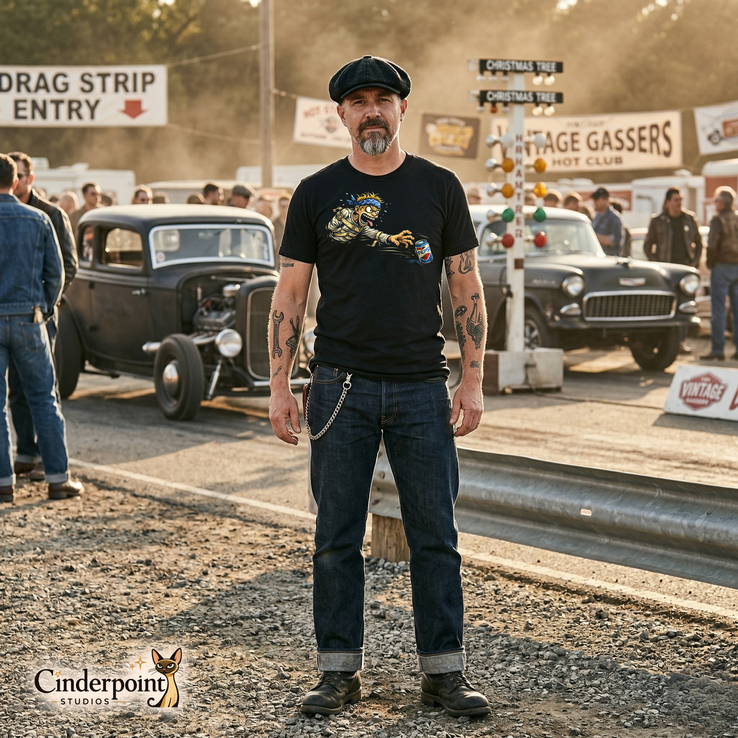 Rockabilly greaser guy at a drag strip is wearingA black t-shirt featuring a distressed graphic of a manic-looking boy in a starburst-patterned straightjacket on a mid-century geometric rug, trying to reach a sweating silver soda can.