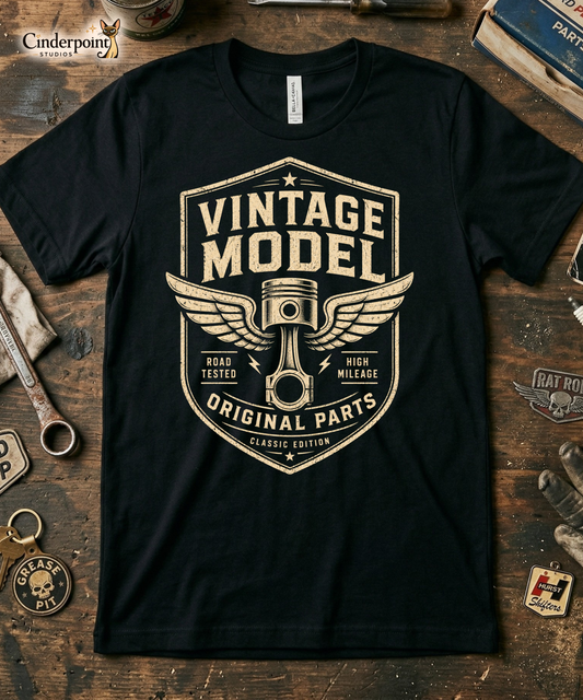 Black graphic tee featuring original Cinderpoint Studios artwork for Vintage Model, a one-color retro garage badge design with bold lettering, a winged piston, and text including Road Tested, High Mileage, Original Parts, and Classic Edition.
