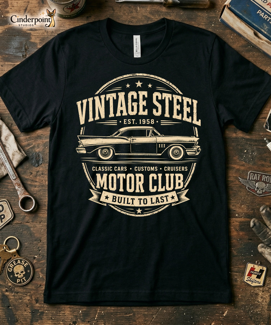 Workbench with a black graphic tee featuring original Cinderpoint Studios artwork for Vintage Steel Motor Club, a one-color classic car club design with a side-profile vintage car, bold lettering, stars, badge-style framing, Classic Cars Customs Cruisers text, and Built to Last banner.
