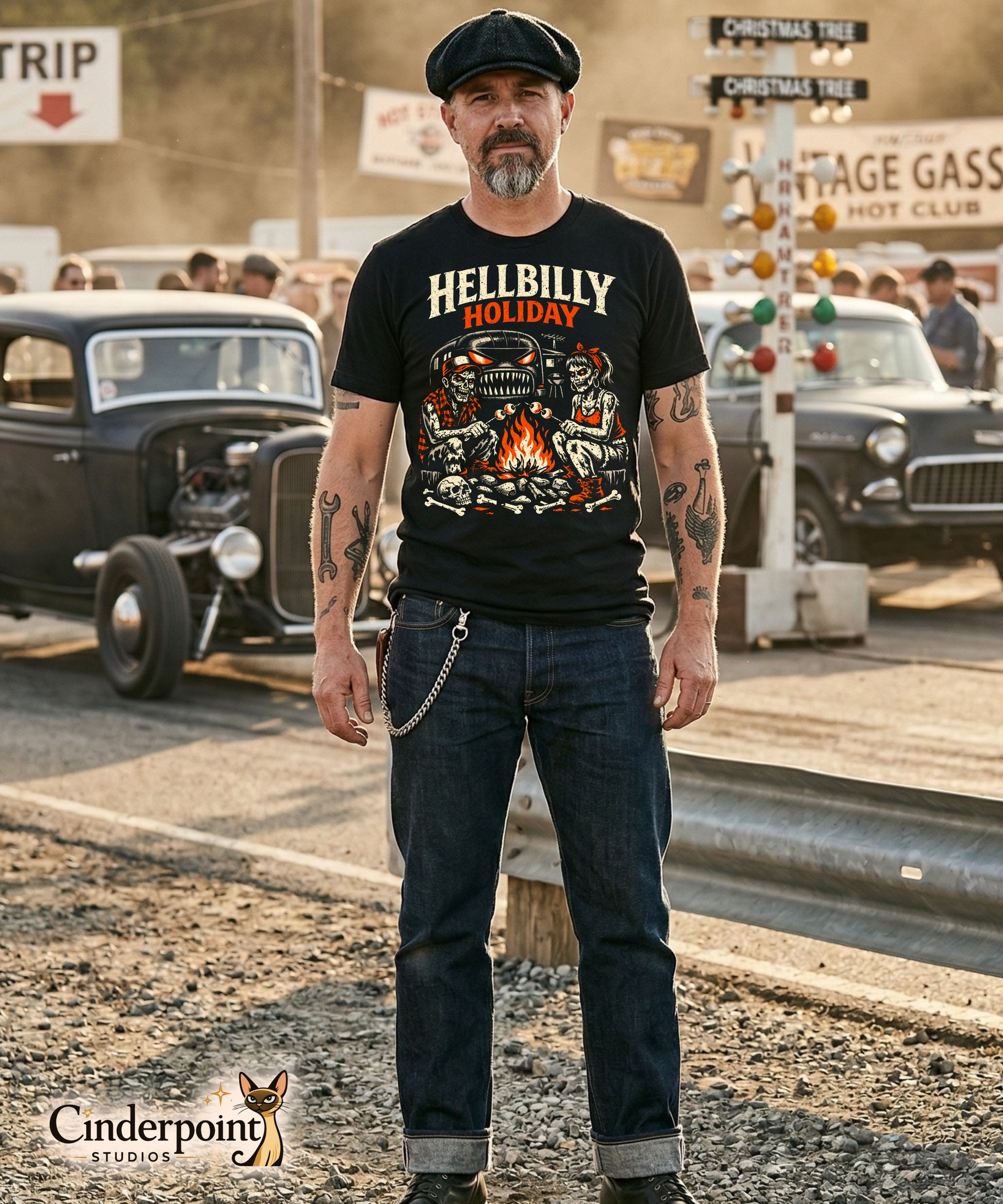 A man wearing a 'Hellbilly Holiday' t-shirt is standing in front of vintage cars. A high-contrast lowbrow illustration titled 'Hellbilly Holiday'. Two zombies—a man in a trucker hat and a woman with a red bandana—roast marshmallows over a campfire made of skulls and bones. A monster-faced trailer with glowing eyes and sharp teeth looms in the background. Distressed cream and orange ink on a black background.