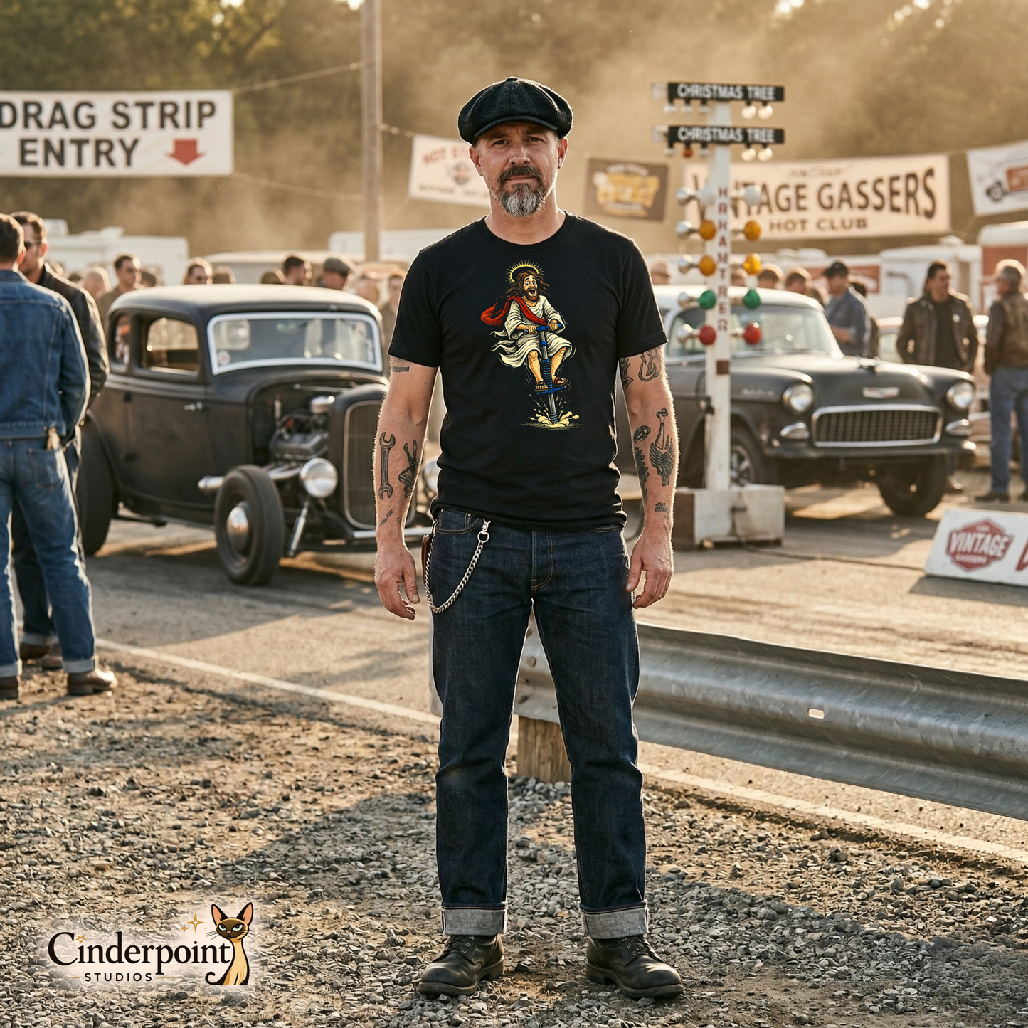 A medium shot of a man with tattoos and a flat cap wearing the "Jumping Jesus" black t-shirt, standing at a sun-drenched vintage drag strip entry.