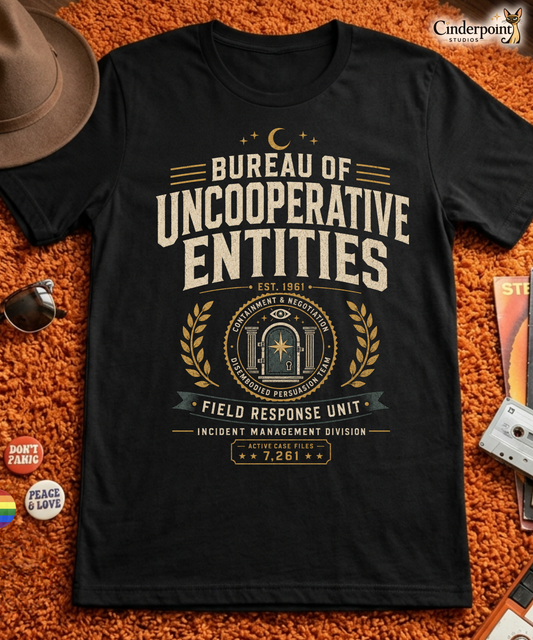 Bureau of Uncooperative Entities t-shirt design with vintage typography, occult agency seal, mysterious door emblem, and field response unit text