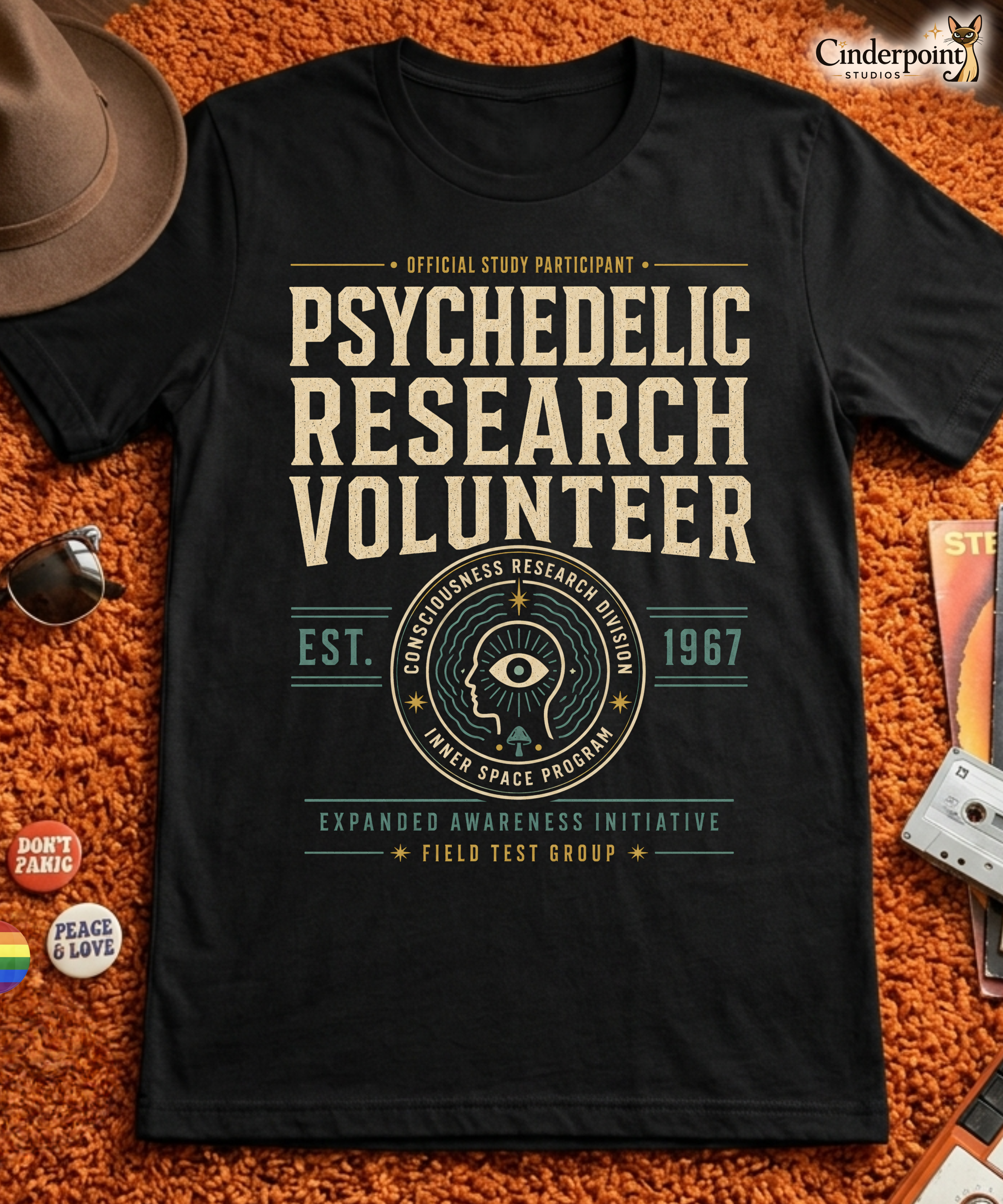 Psychedelic Research Volunteer t-shirt design with vintage typography, consciousness research division seal, head and eye emblem, and inner space program text