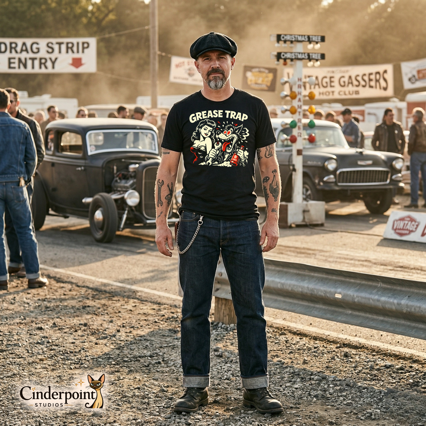 A man in a flat cap and denim wearing the black "Grease Trap" t-shirt, standing at a vintage drag strip with classic gassers in the background.