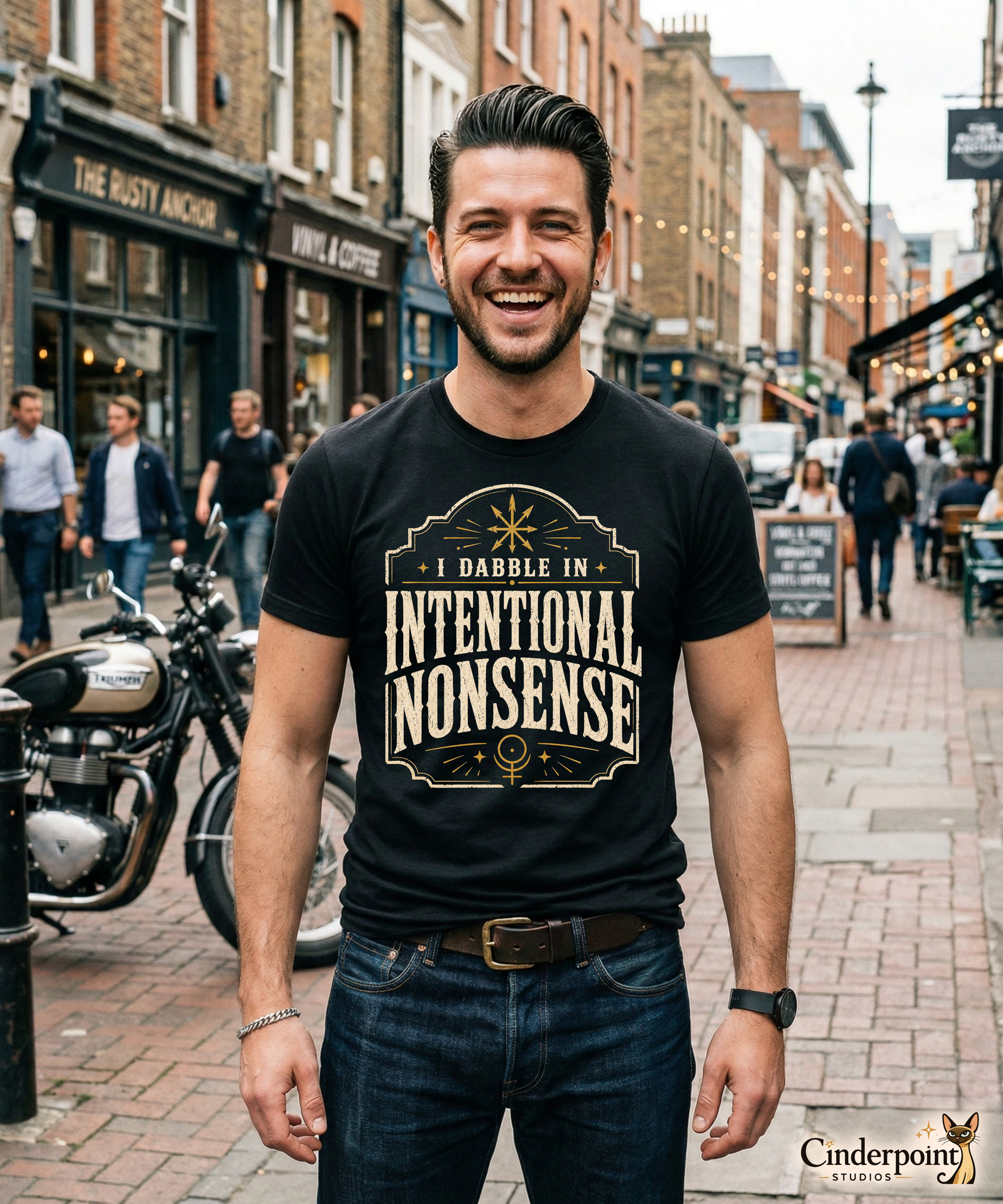 Man wearing black Intentional Nonsense shirt with vintage occult typography and label style layout