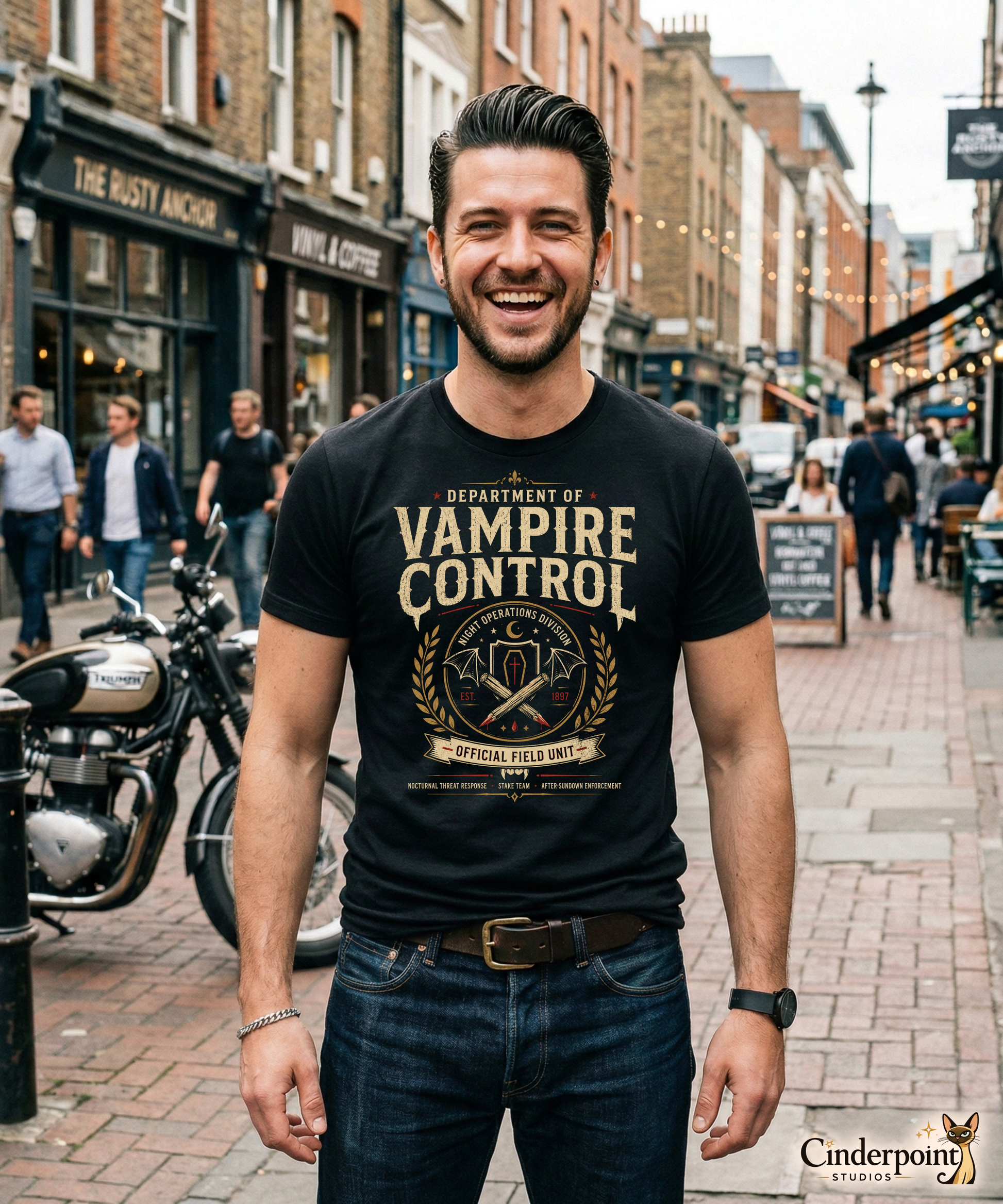Male lifestyle mockup wearing black Department of Vampire Control t-shirt with gothic vampire hunter graphic by Cinderpoint Studios