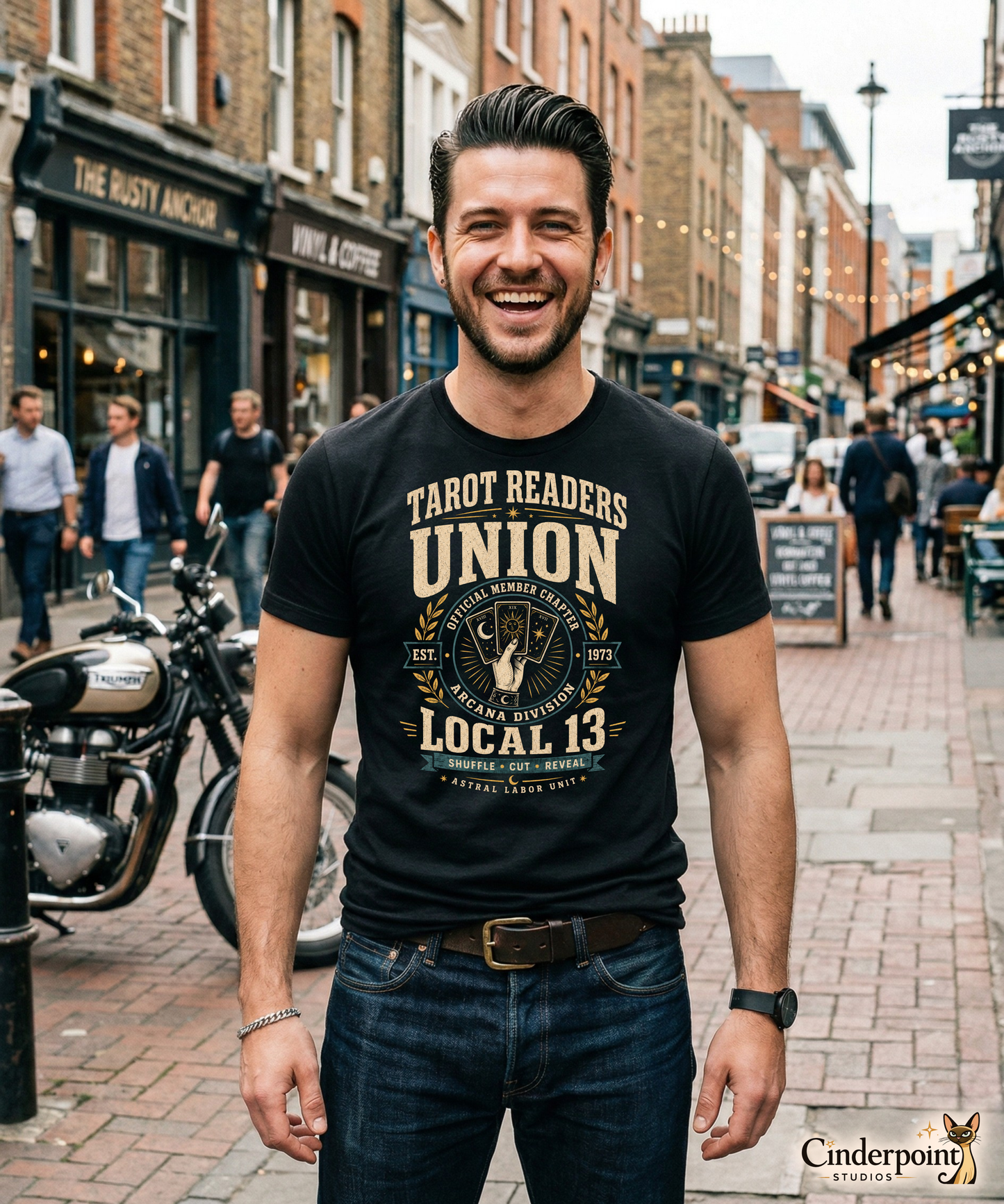 Male lifestyle mockup wearing black Tarot Readers Union Local 13 t-shirt with retro tarot reader union graphic by Cinderpoint Studios
