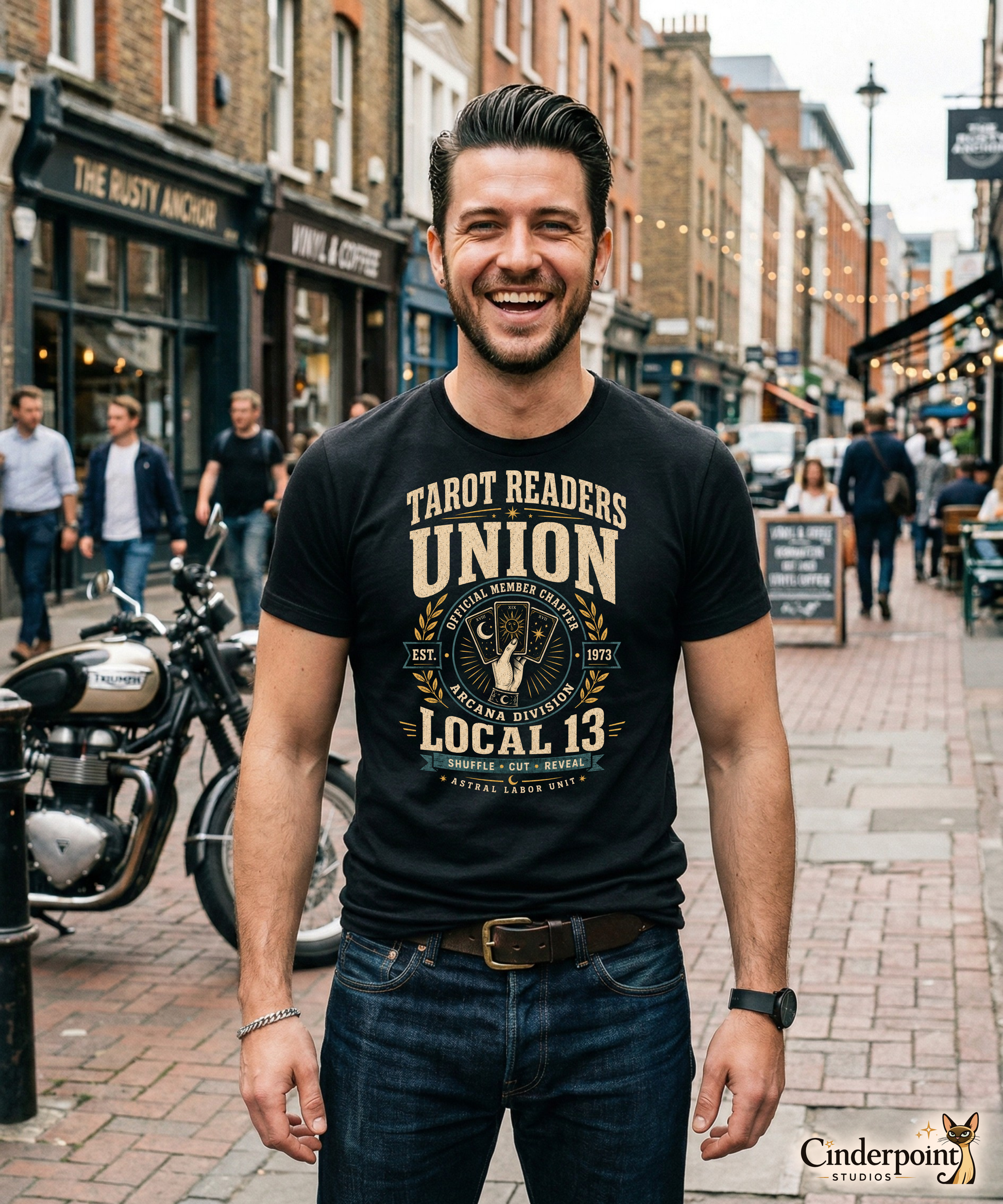 Male lifestyle mockup wearing black Tarot Readers Union Local 13 t-shirt with retro tarot reader union graphic by Cinderpoint Studios
