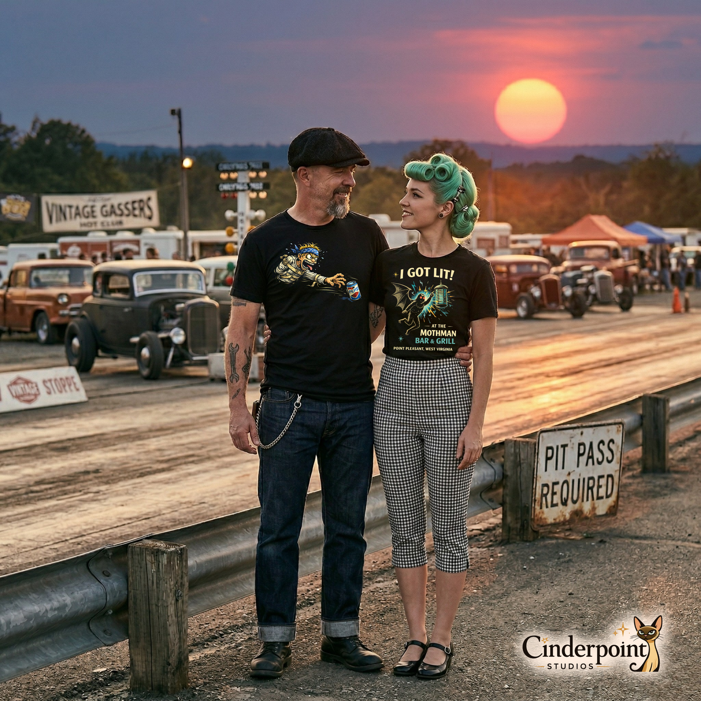 A rockabilly couple is at a drag strip as the sunsets. The man is wearing A black t-shirt featuring a distressed graphic of a manic-looking boy in a starburst-patterned straightjacket on a mid-century geometric rug, trying to reach a sweating silver soda can.