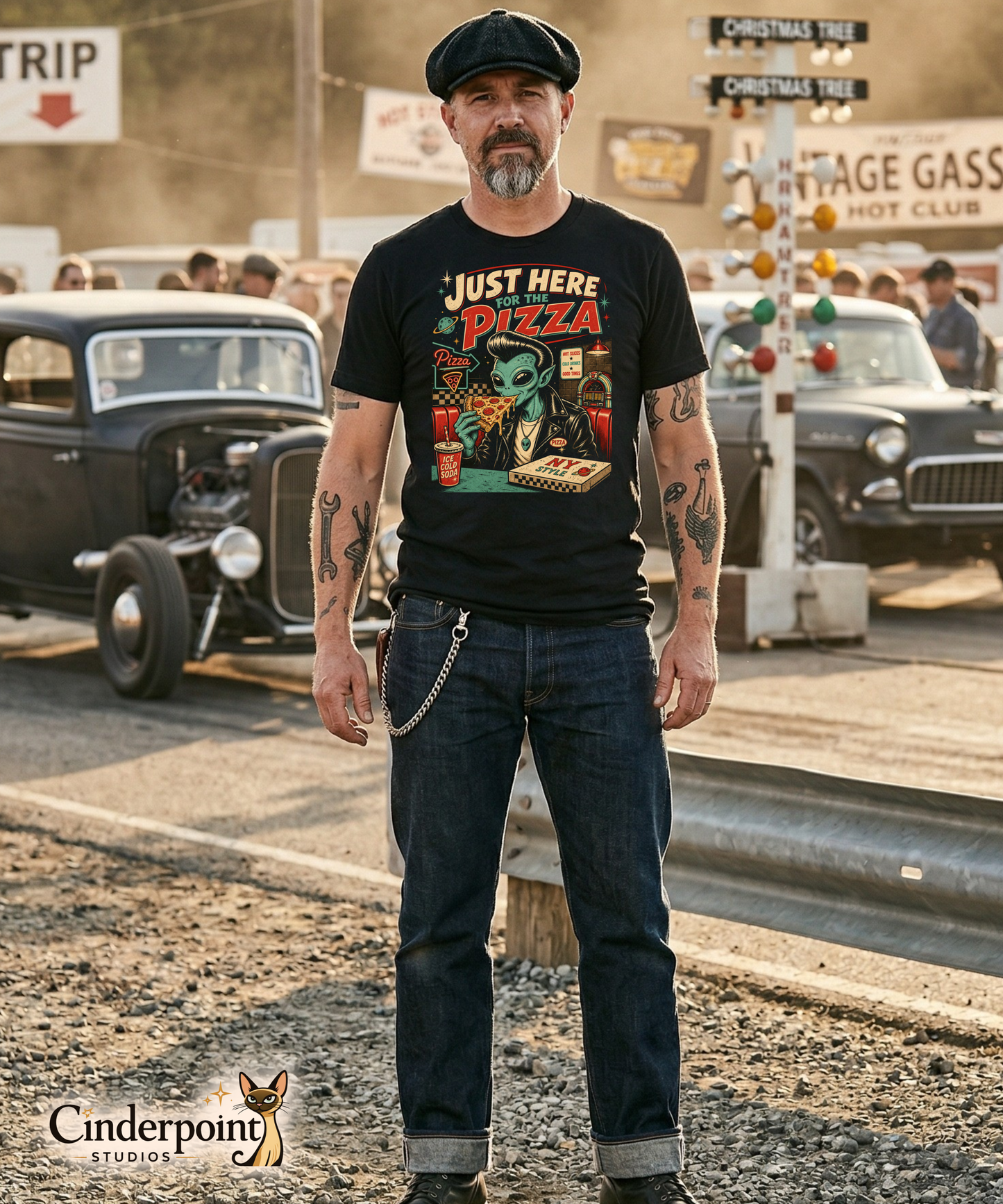 Just Here For The Pizza T-Shirt - Alien Greaser Lowbrow Art Tee