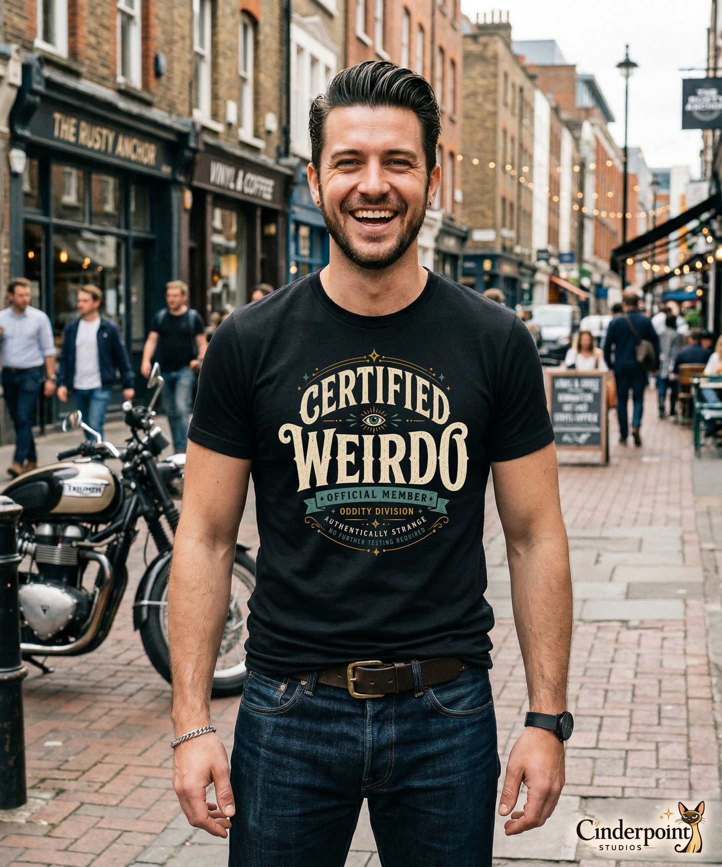 A man wearing a black graphic tee with the Certified Weirdo artwork by Cinderpoint Studios, styled as a boutique retro weirdo shirt with all-seeing eye details, Oddity Division text, and Authentically Strange wording.