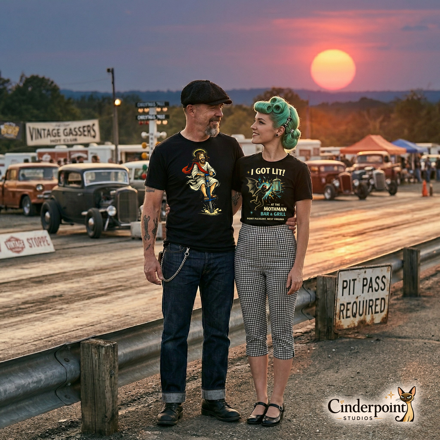 A rockabilly couple standing at a drag strip during sunset. The man wears the "Jumping Jesus" pogo stick tee, and the woman wears her favorite black Cinderpoint Studios t-shirt.