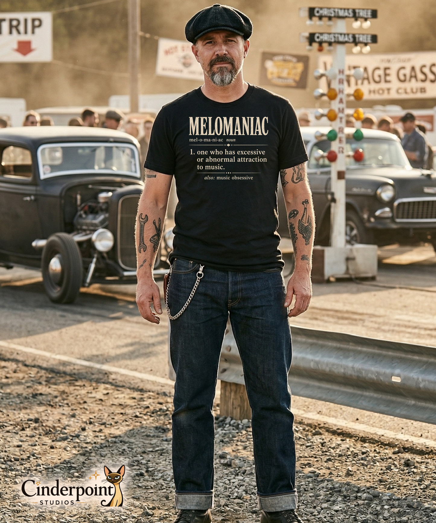 Model wearing black Melomaniac music lover t-shirt with vintage dictionary definition graphic