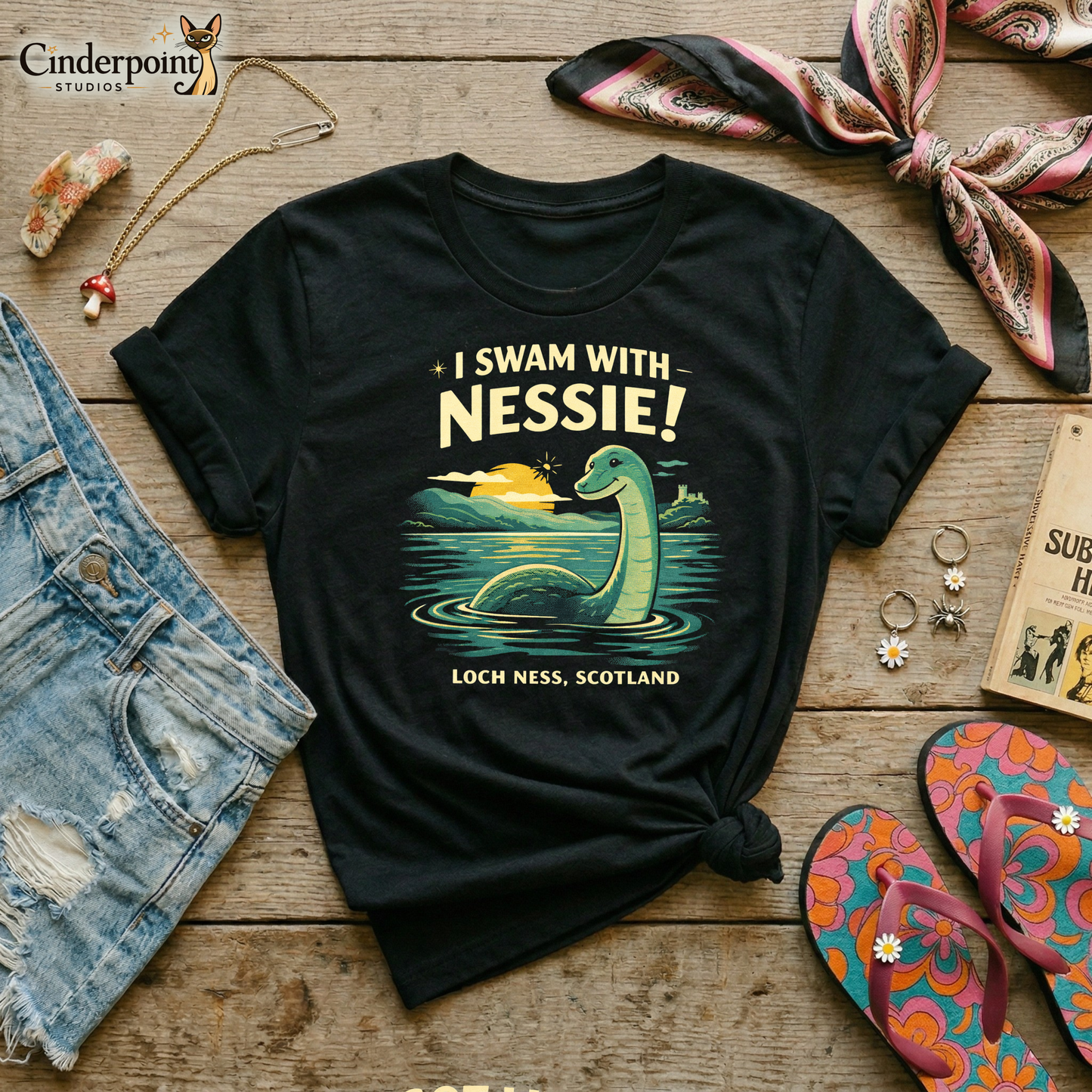 A retro cryptid travel t-shirt featuring Nessie in Loch Ness, Scotland with scenic vintage-style artwork and playful souvenir-shirt charm.