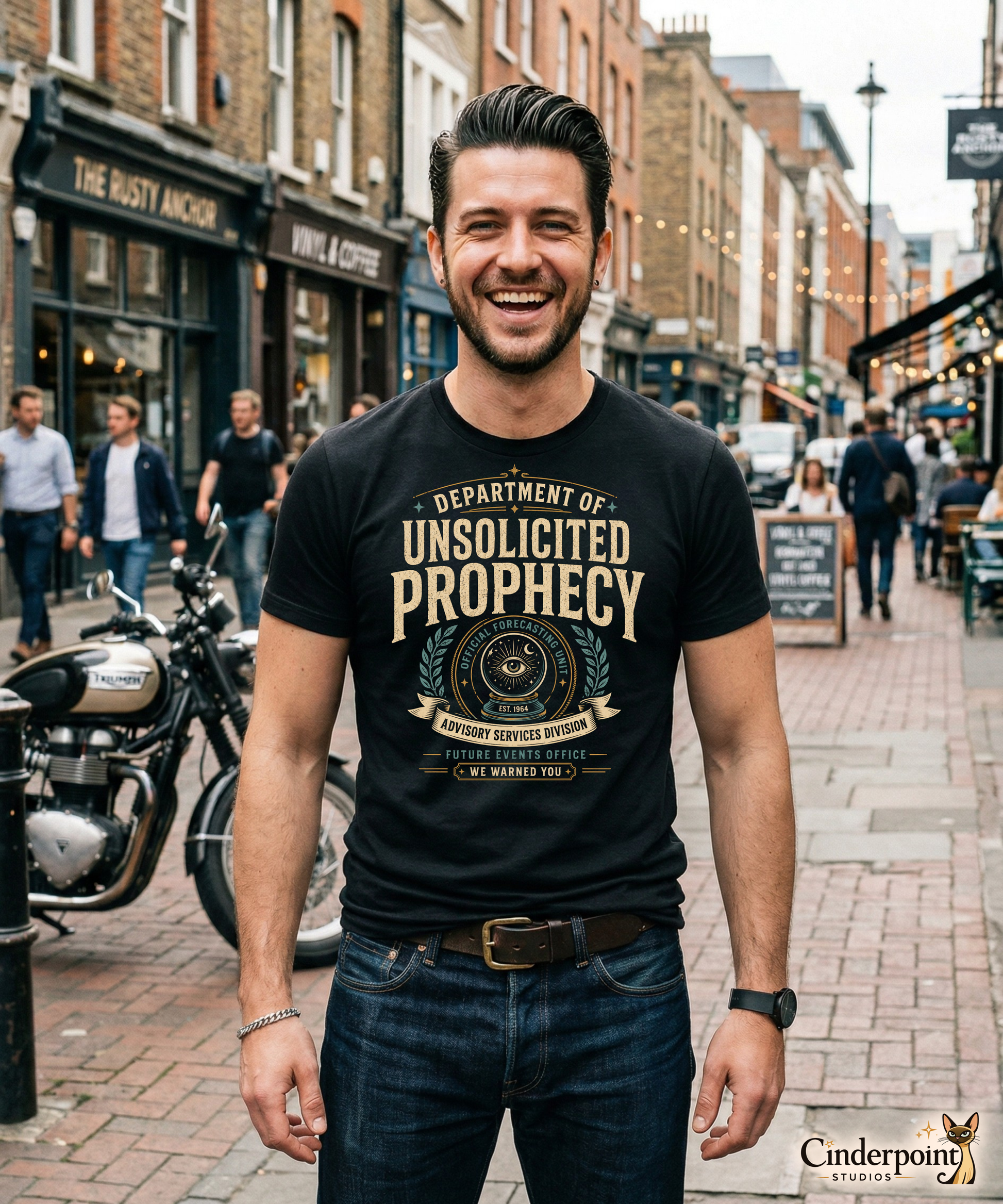 Male lifestyle mockup wearing black Department of Unsolicited Prophecy t-shirt with retro occult forecasting graphic by Cinderpoint Studios