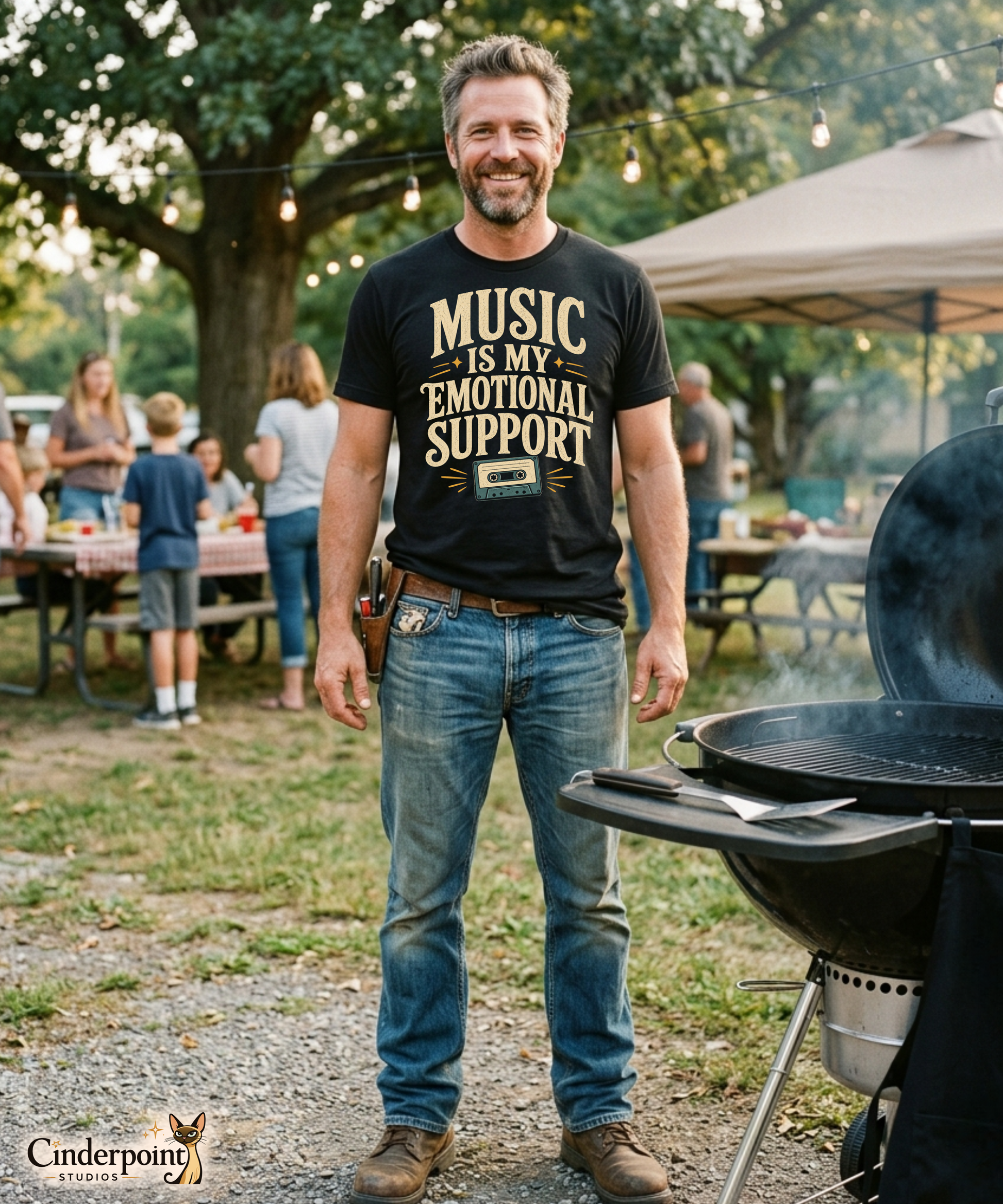 A man at a cookout wearing a black graphic tee with the Music Is My Emotional Support design by Cinderpoint Studios, featuring retro lettering, star accents, and a cassette tape graphic.