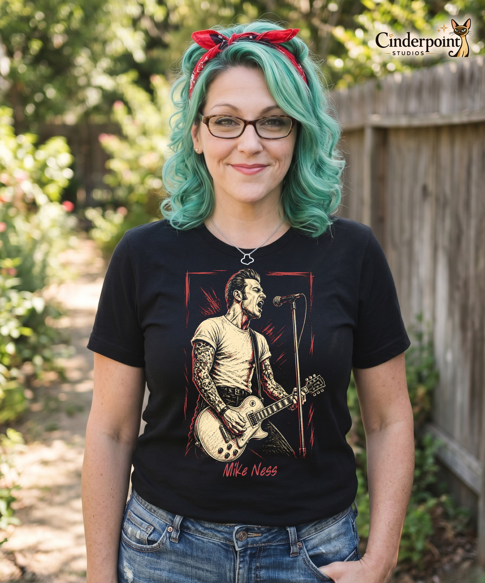 A gritty, high-contrast artistic portrait of Mike Ness on a black t-shirt, featuring his iconic tattoos and 1950s-inspired greaser aesthetic.
