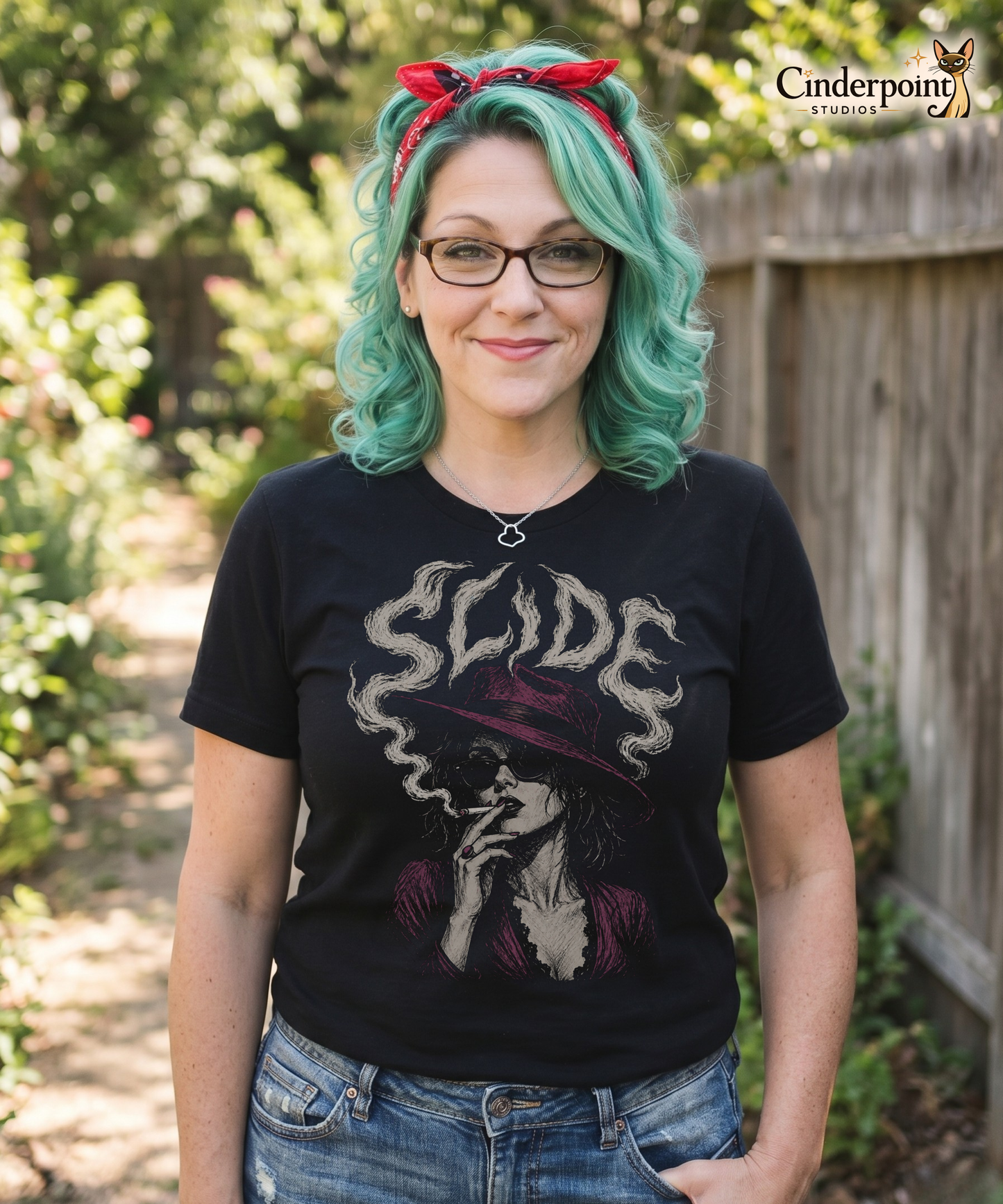 Auntie Mel wearing A gritty, high-contrast artistic portrait of Marla Singer on a black t-shirt, featuring her iconic stoic nature, sunglasses, and a cigarette.