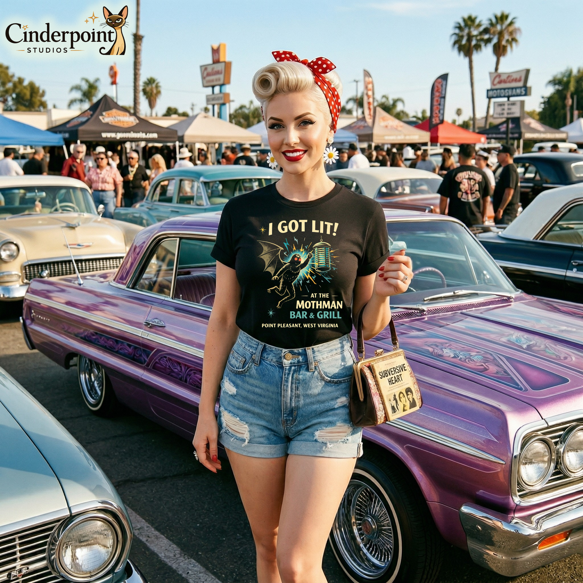 A pretty rockabilly blond woman is wearing a Black retro graphic t-shirt featuring Mothman flying into a glowing bug light with the phrase I Got Lit at the Mothman Bar and Grill, Point Pleasant, West Virginia.